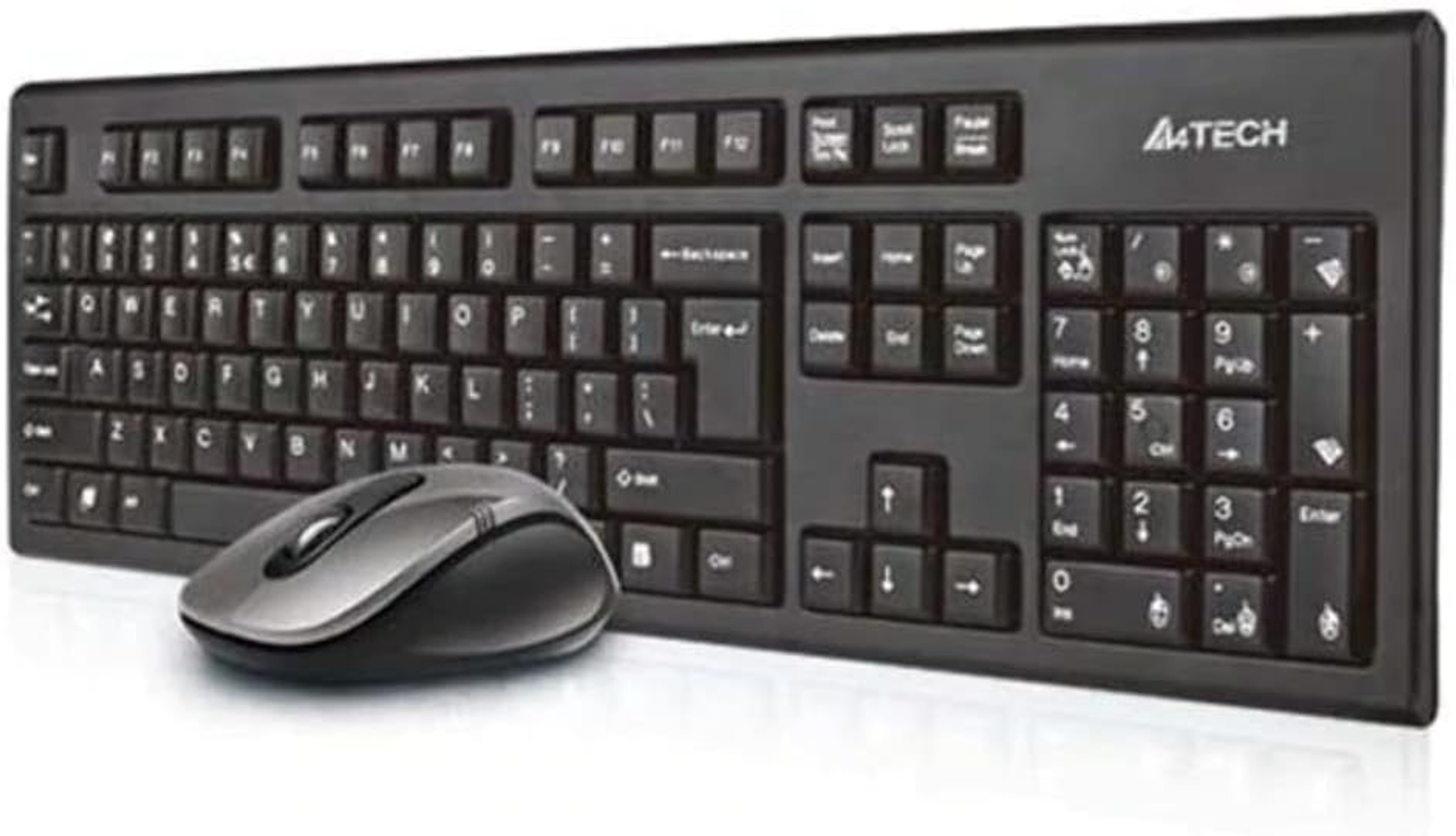 Czarna klawiatura i mysz. Klawiatura ma klawiaturę numeryczną, a mysz jest srebrna.