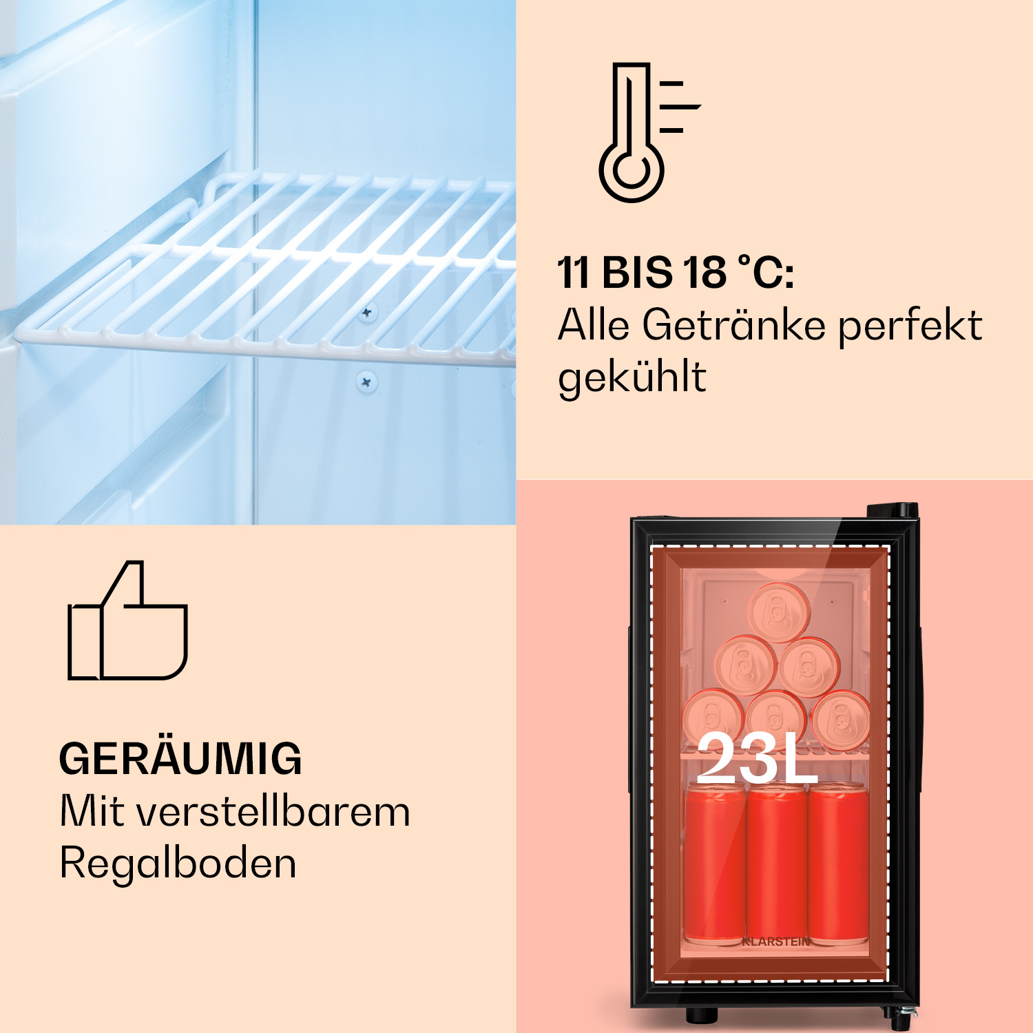 Mini-Kühlschrank (G, KLARSTEIN hoch, Schwarz) Broklyn Slim cm 23L 48,5