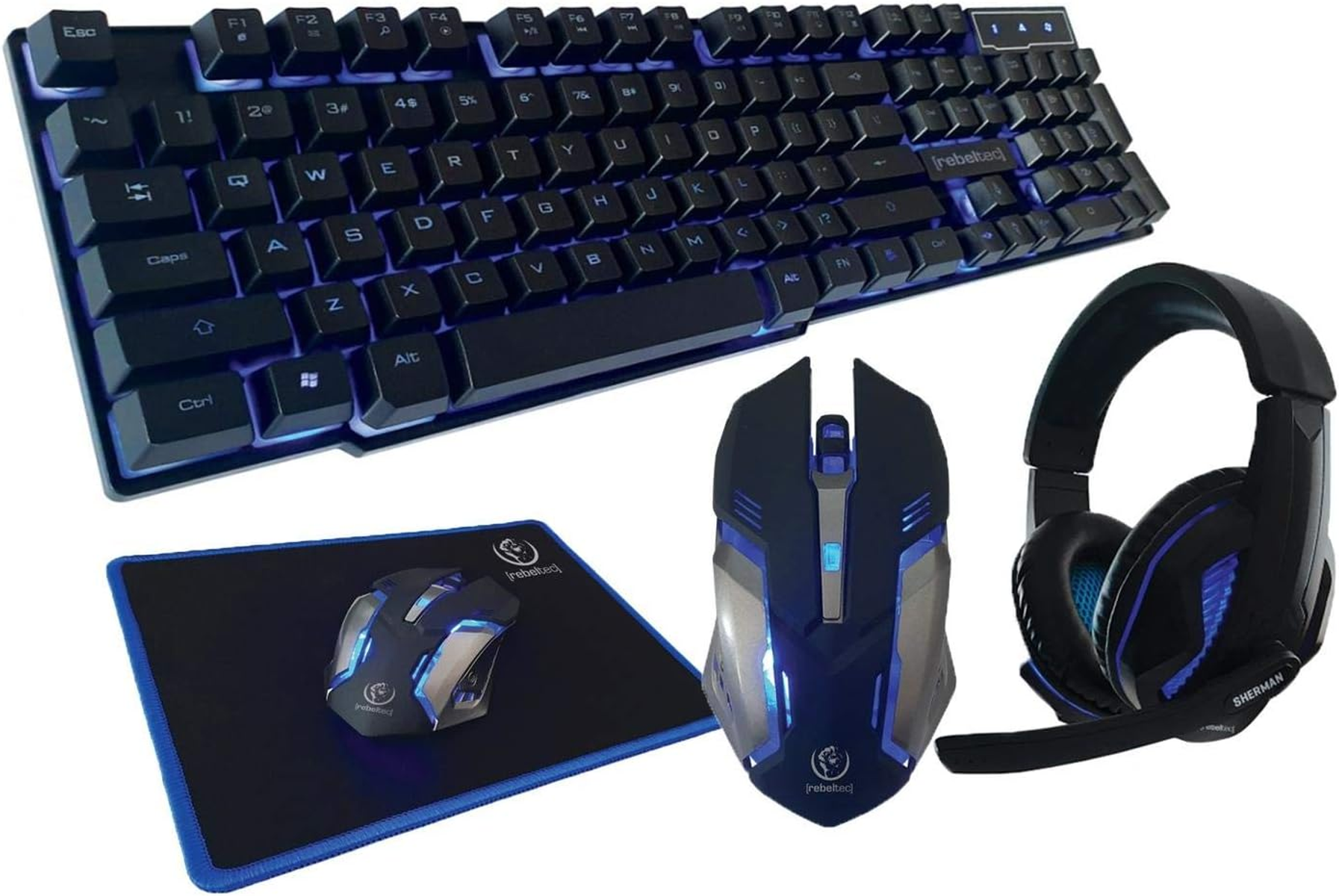 Klawiatura, mysz, podkładka i zestaw słuchawkowy. Wszystko czarne z niebieskim podświetleniem. Klawiatura świeci.