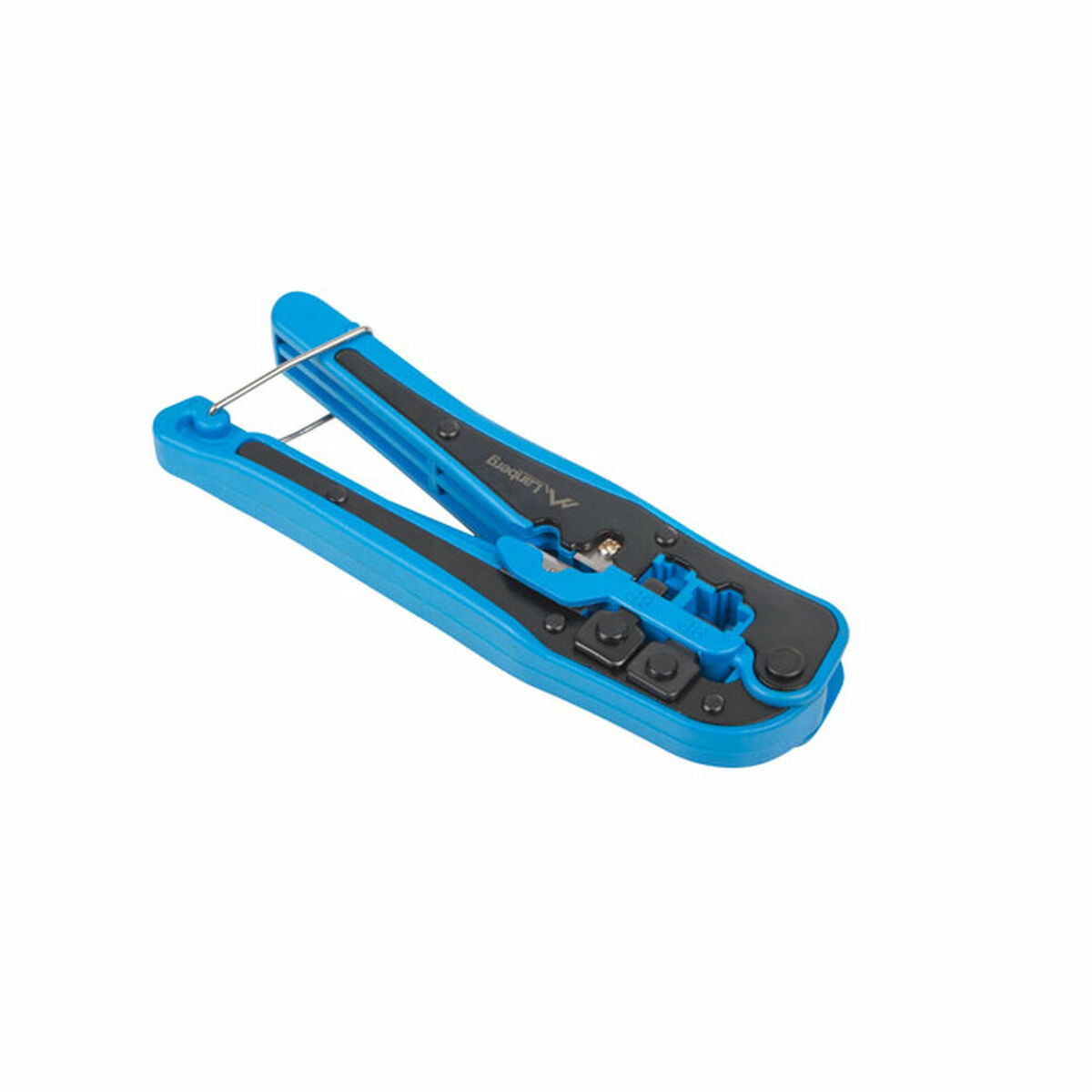 Blauw en zwart krimptool, open, op een wit oppervlak.