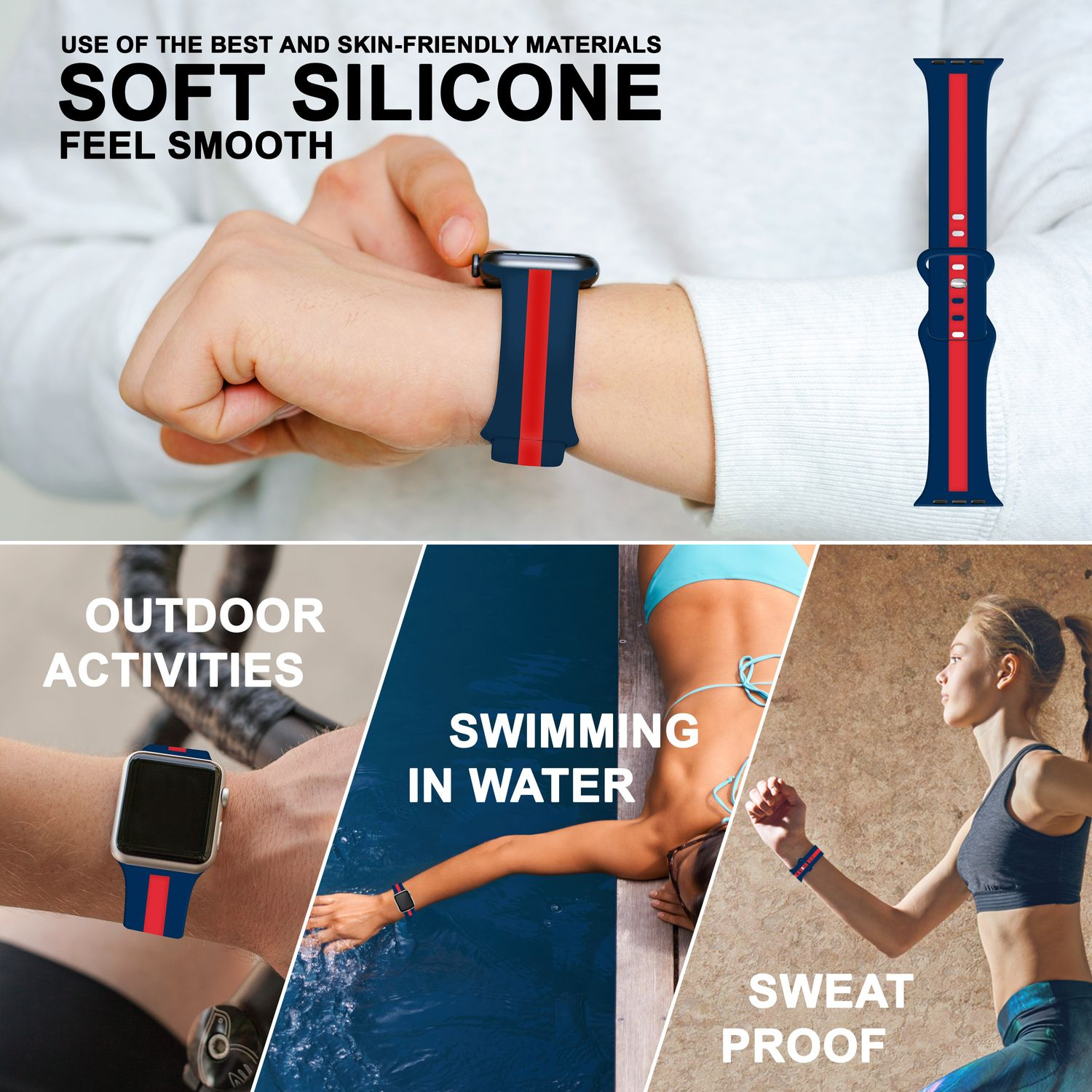Eine Uhr mit blau-rotem Armband wird mit anderen Bildern von Outdoor- und Schwimmaktivitäten gezeigt.