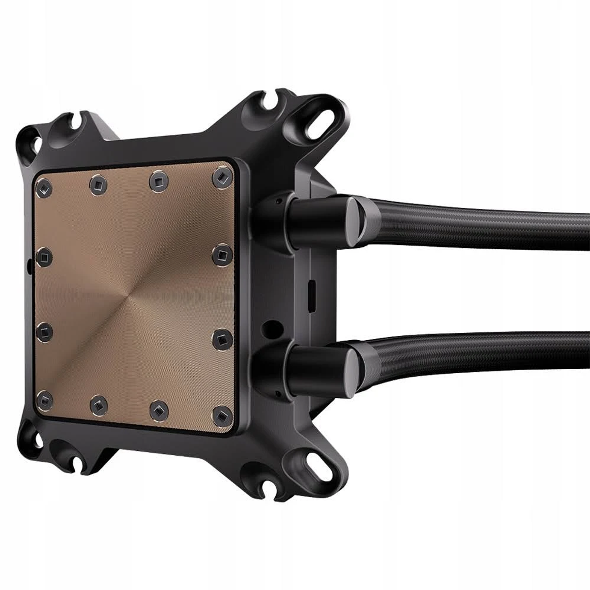 Czarny i miedziany system chłodzenia wodą do komputera. Ma dwie czarne rurki.