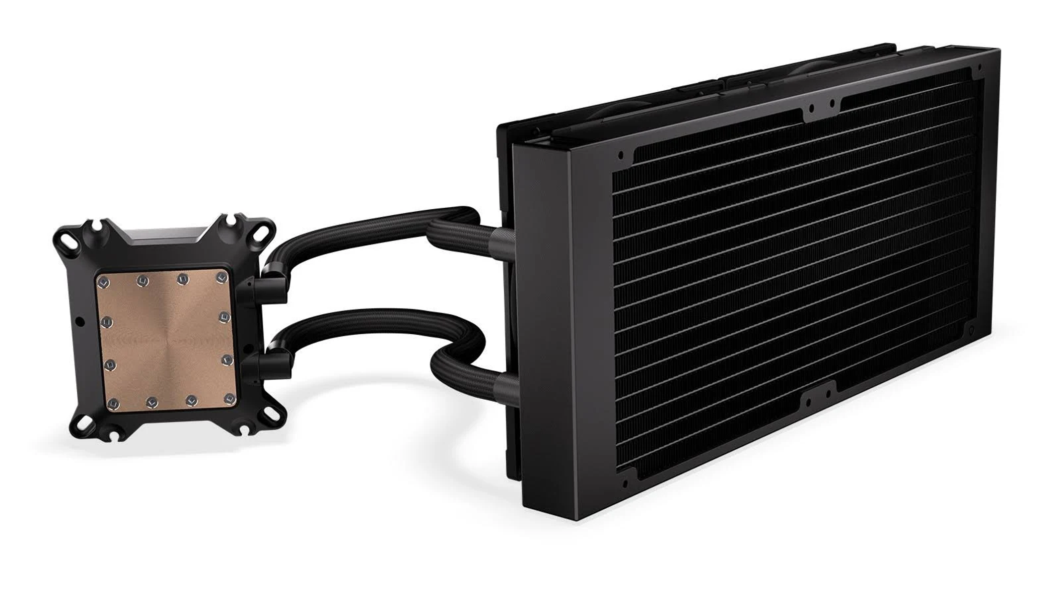 System chłodzenia komputera z miedzianą płytą i czarnym radiatorem.