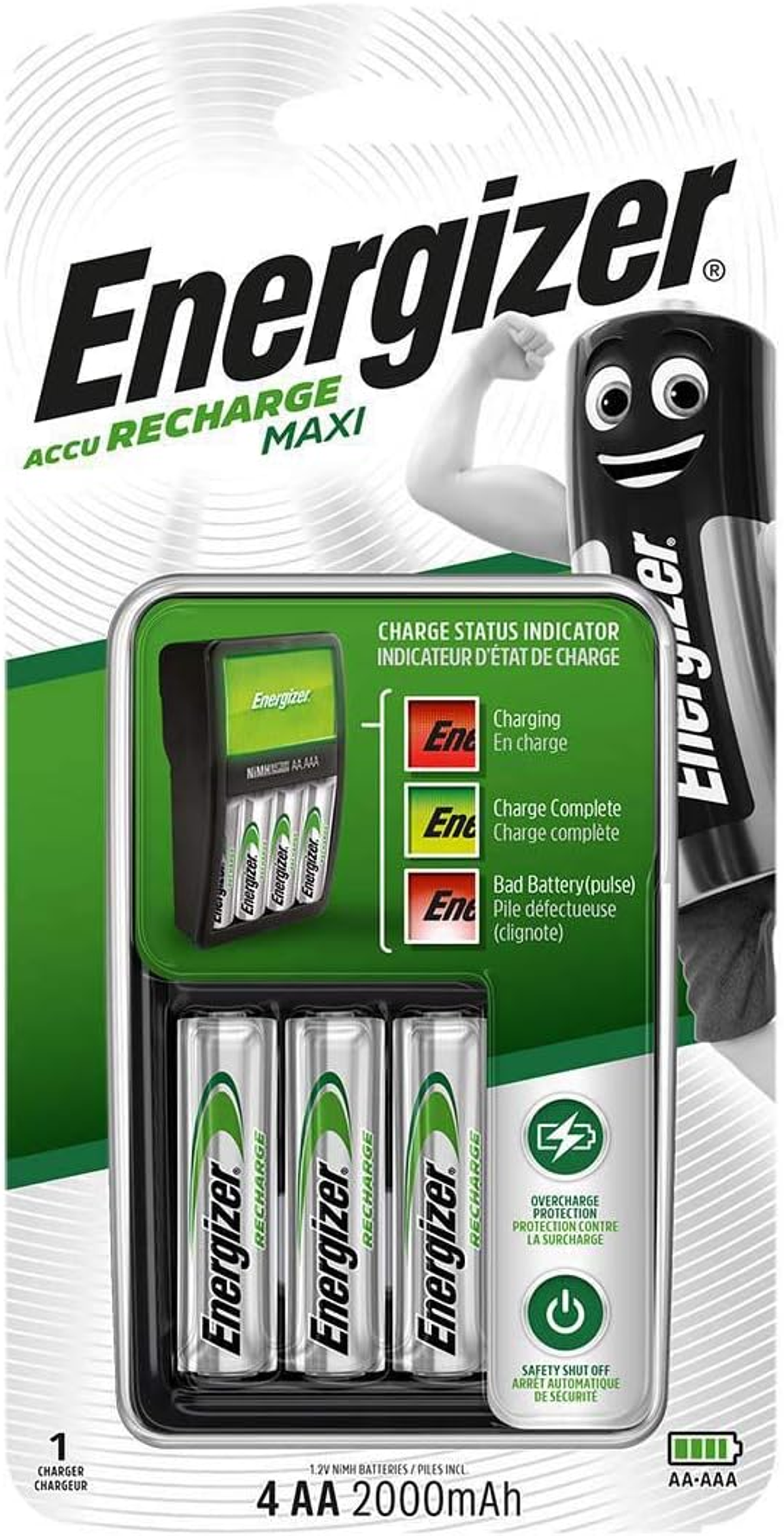 Verpackung von wiederaufladbaren Energizer-Batterien mit Ladegerät, Ladezustand anzeigend.