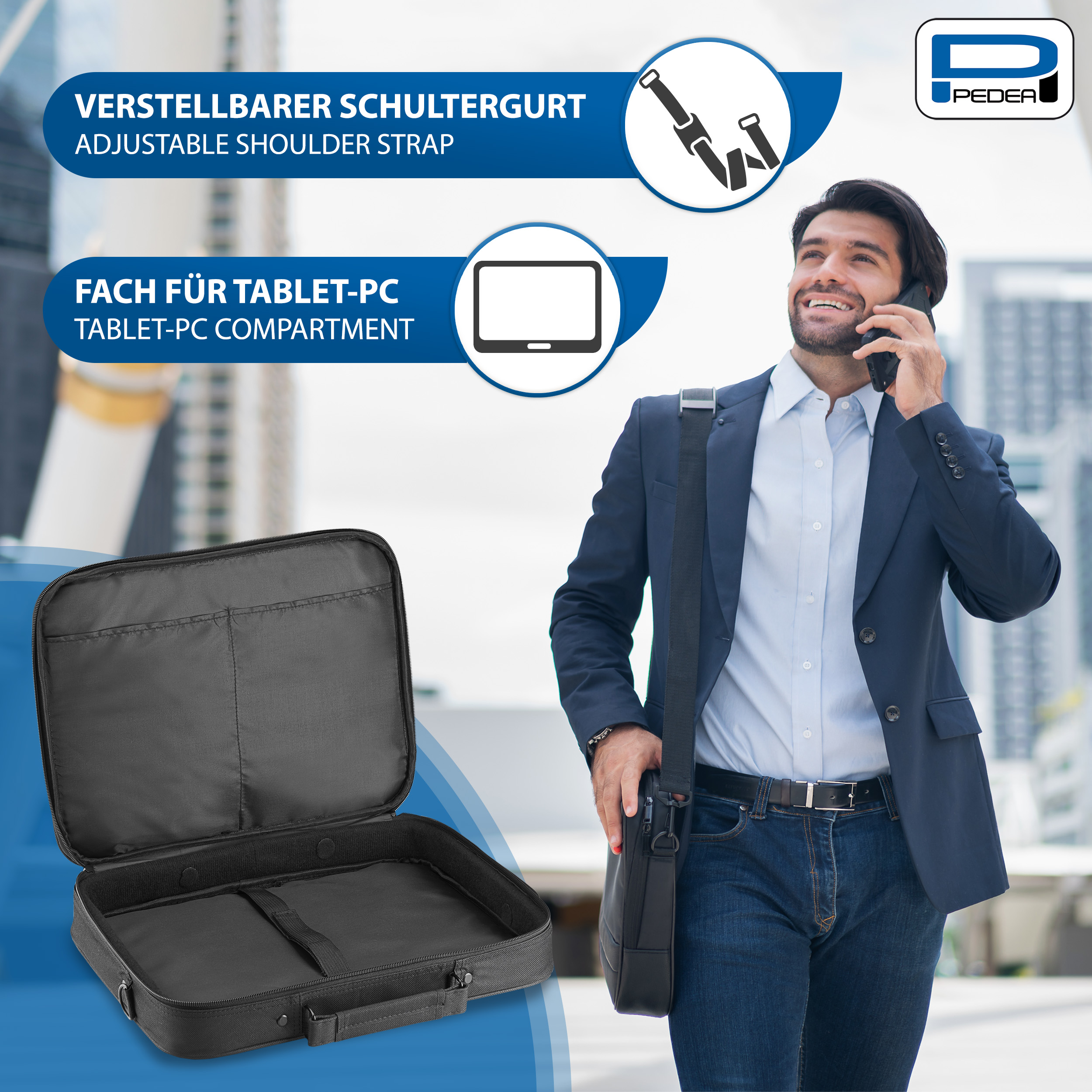 Ein Mann im Anzug telefoniert neben einer Aktentasche. Ein Diagramm zeigt das Tabletfach.