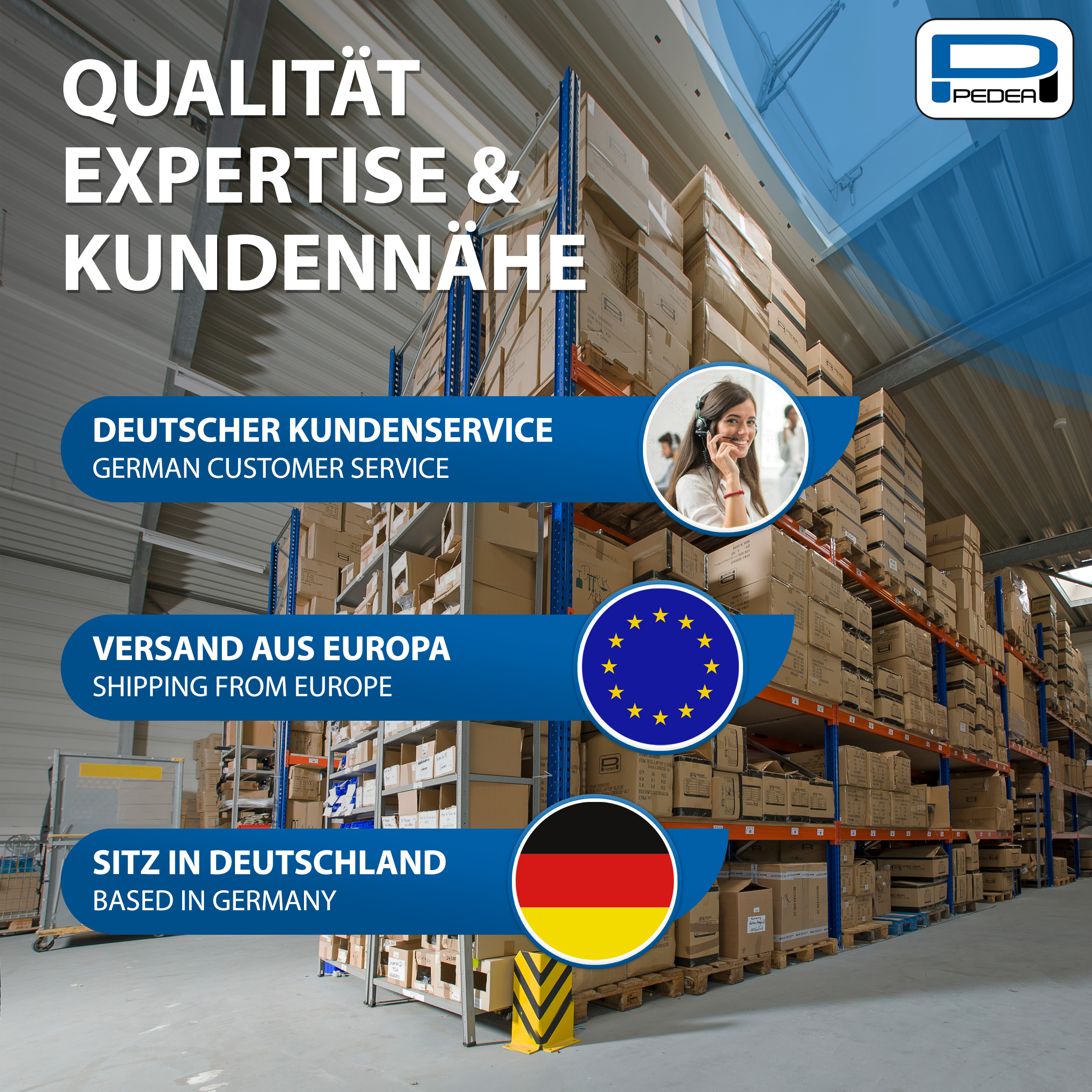 Infografik zeigt Qualität, Expertise und Kundennähe. Beinhaltet Kundenservice, Versand aus Europa und Deutschland.