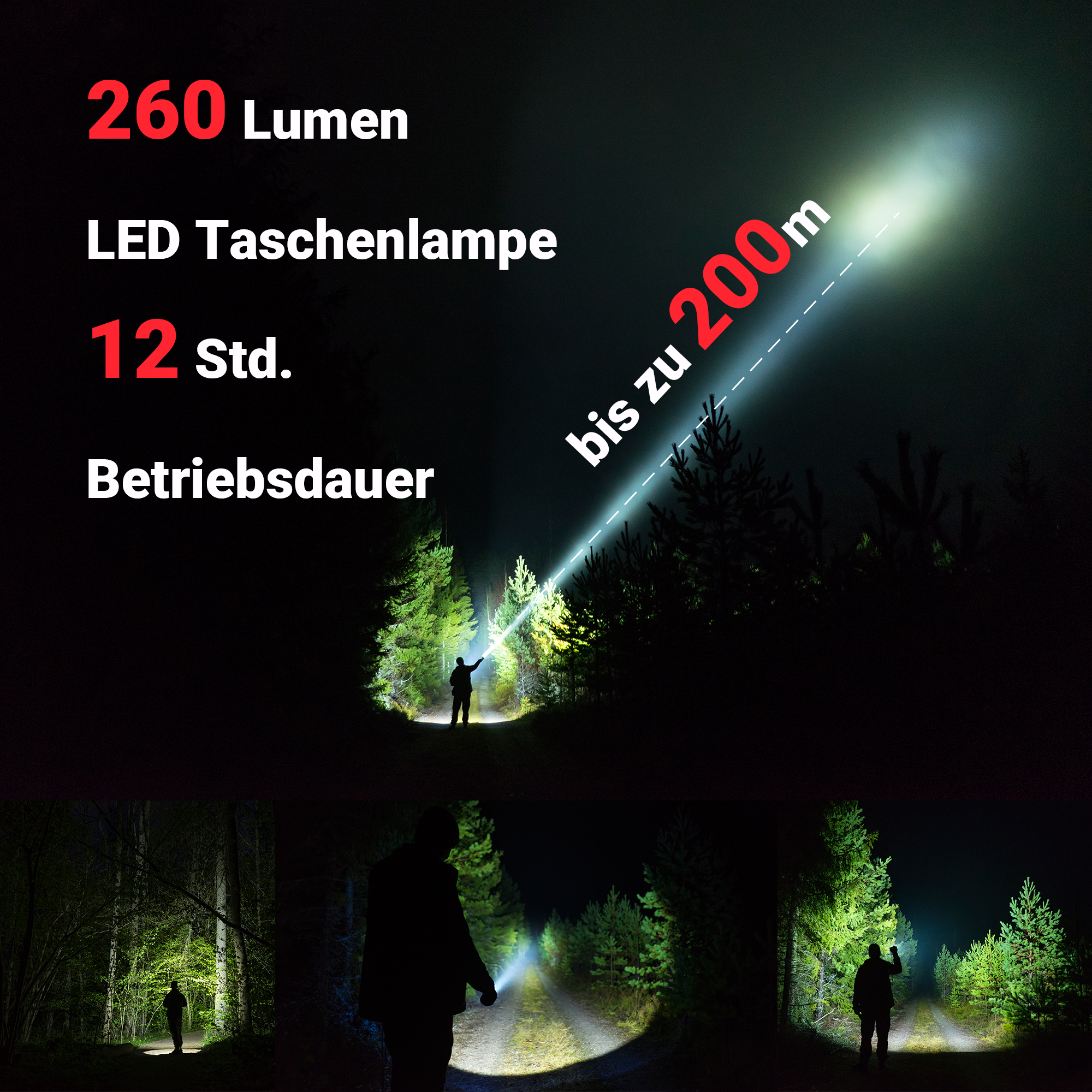 Nachtszenen mit einer Person, die eine Taschenlampe benutzt, Lichtstrahl sichtbar.