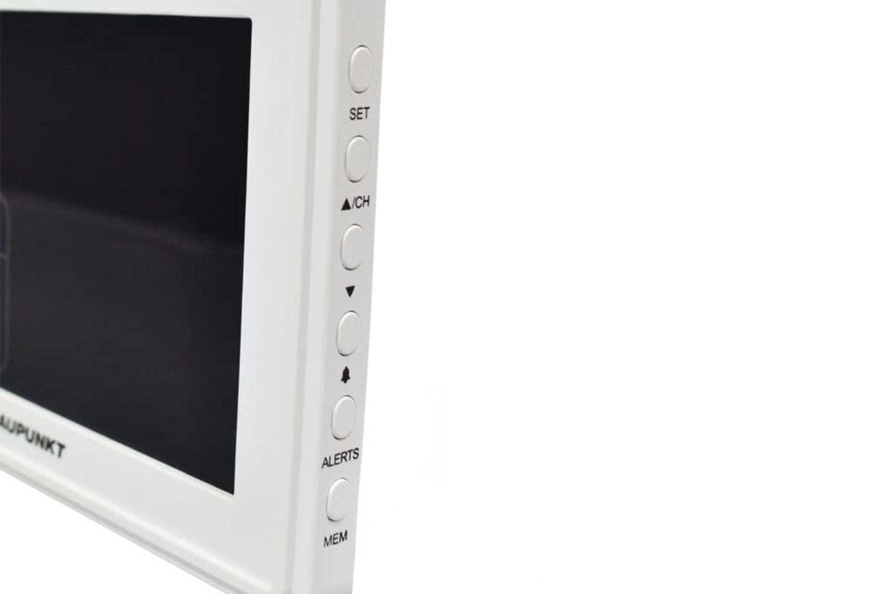 Weißer Monitor mit Knöpfen an der Seite. Schwarzer Bildschirm, weißer Hintergrund.