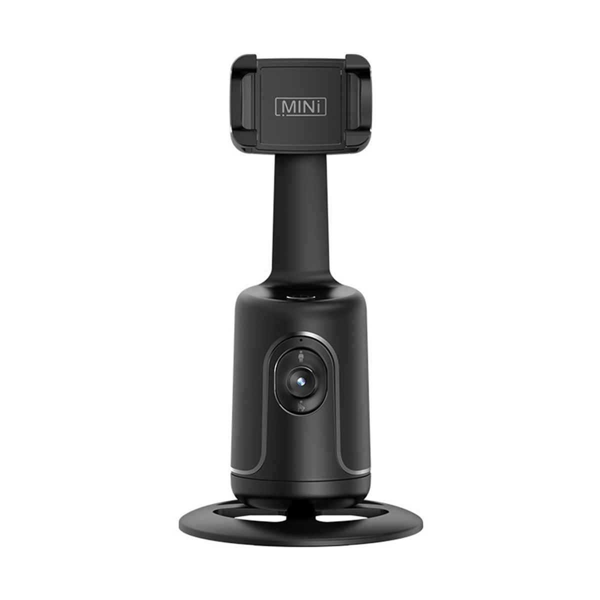 Ein schwarzer Mini-Gimbal-Stabilisator auf weißem Hintergrund, mit dem Wort 'MINI'.