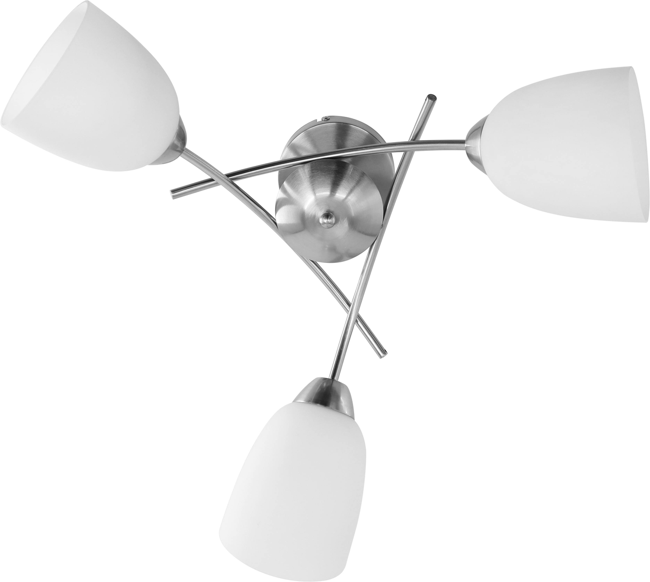 Eine Deckenlampe mit drei weißen Lampenschirmen an gebogenen Metallarmen vor weißem Hintergrund.