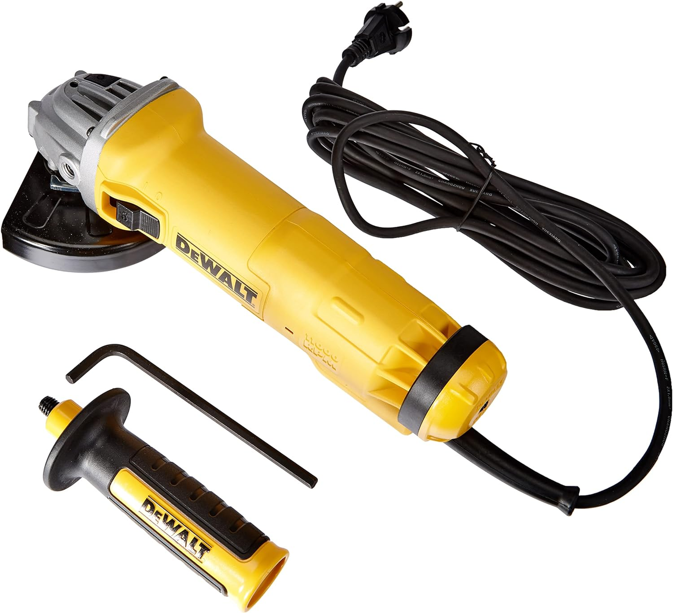 Meuleuse d'angle DeWalt jaune et noire avec accessoires. Cordon d'alimentation et poignée noirs.