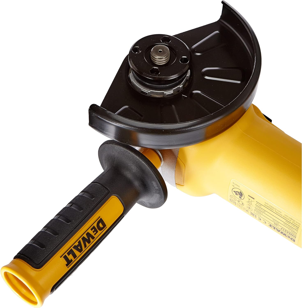Meuleuse d'angle DeWalt jaune et noire sur fond blanc, vue de dessus.