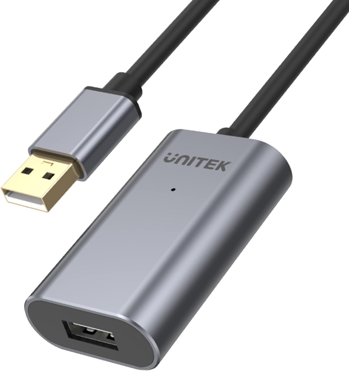 Silberner USB-Adapter mit USB-A- und USB-C-Anschluss, verbunden mit schwarzem Kabel.