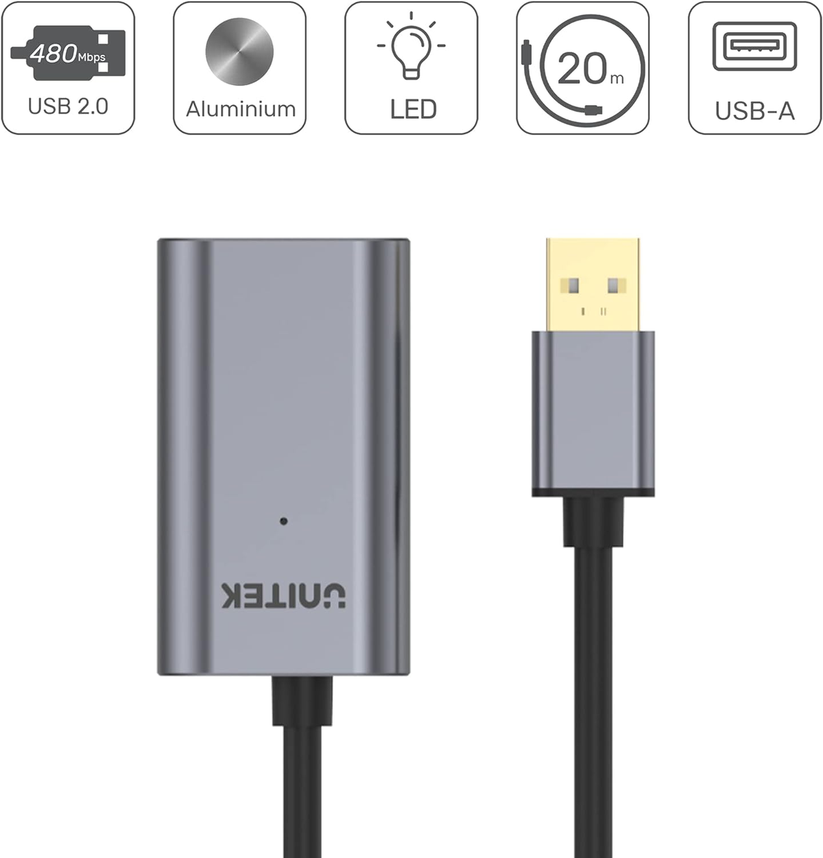 Grauer Adapter mit USB 2.0, Aluminium, LED, 20m Reichweite und USB-A-Symbolen. Der Adapter ist mit einem USB-Kabel verbunden.