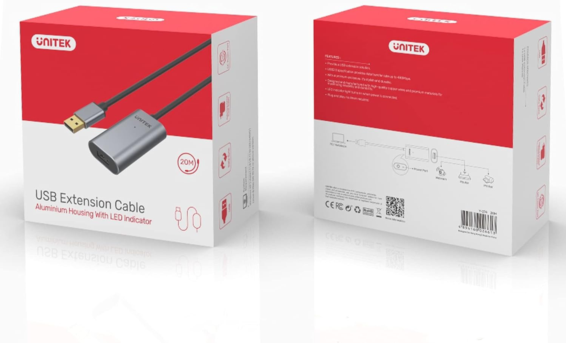 Zweiseitige Box für USB-Verlängerungskabel. Graues Kabel, silberner Stecker, Merkmale.