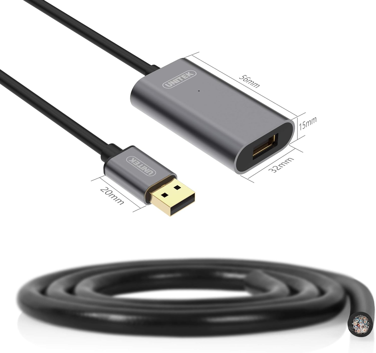Ein USB-C-zu-USB-Adapterkabel mit Messungen auf weißem Hintergrund.