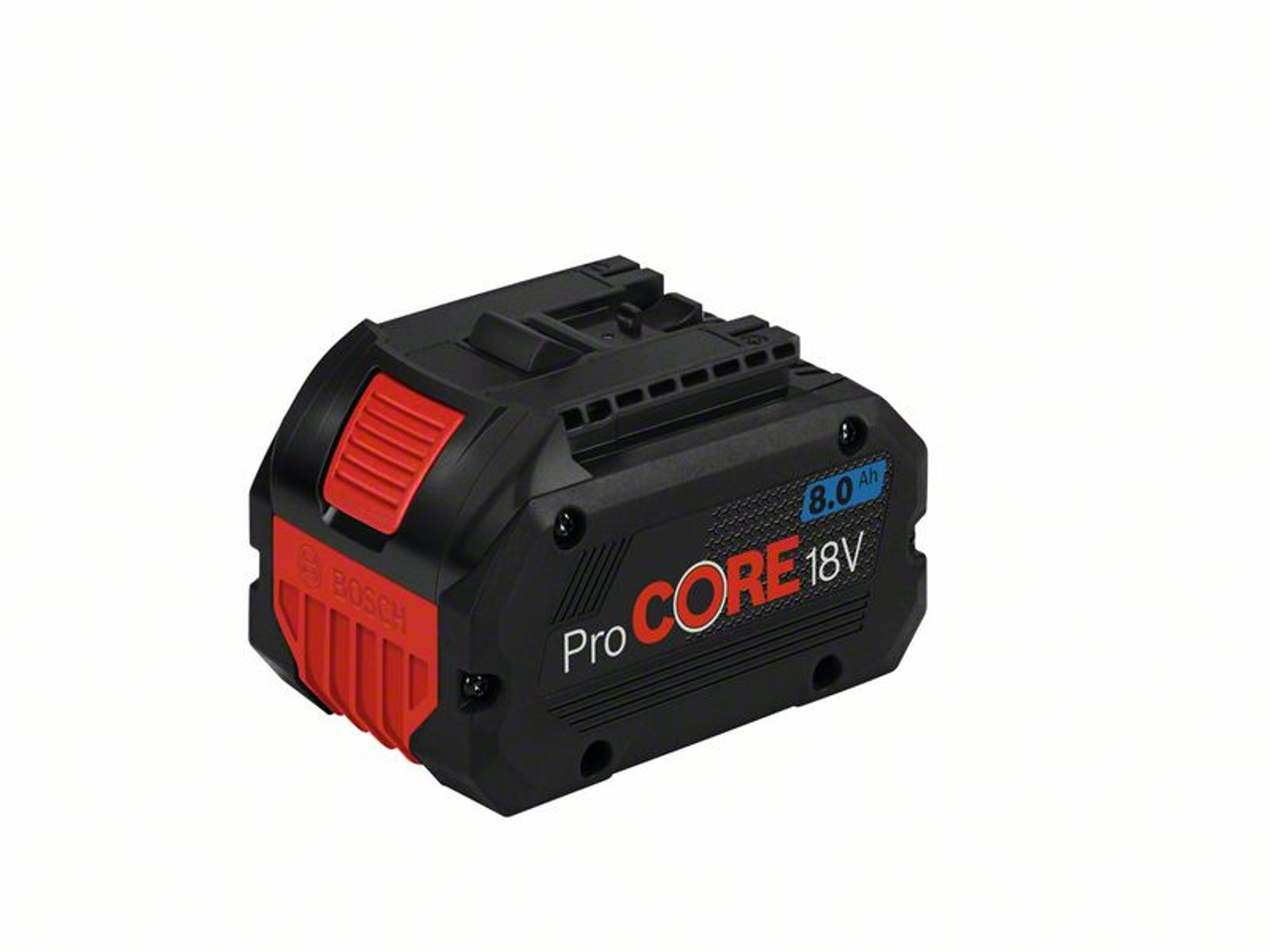 Ein schwarzes und rotes Bosch ProCORE 18V Akkupack. Der Akku hat den Text "8.0 Ah".