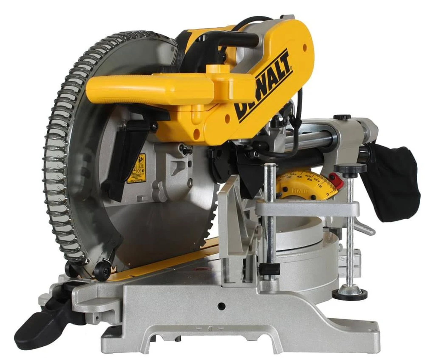 Żółto-srebrna piła ukośna DeWalt na białym tle.