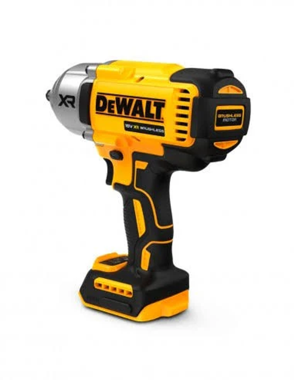 Żółto-czarny klucz udarowy DeWalt. To elektronarzędzie na białym tle.