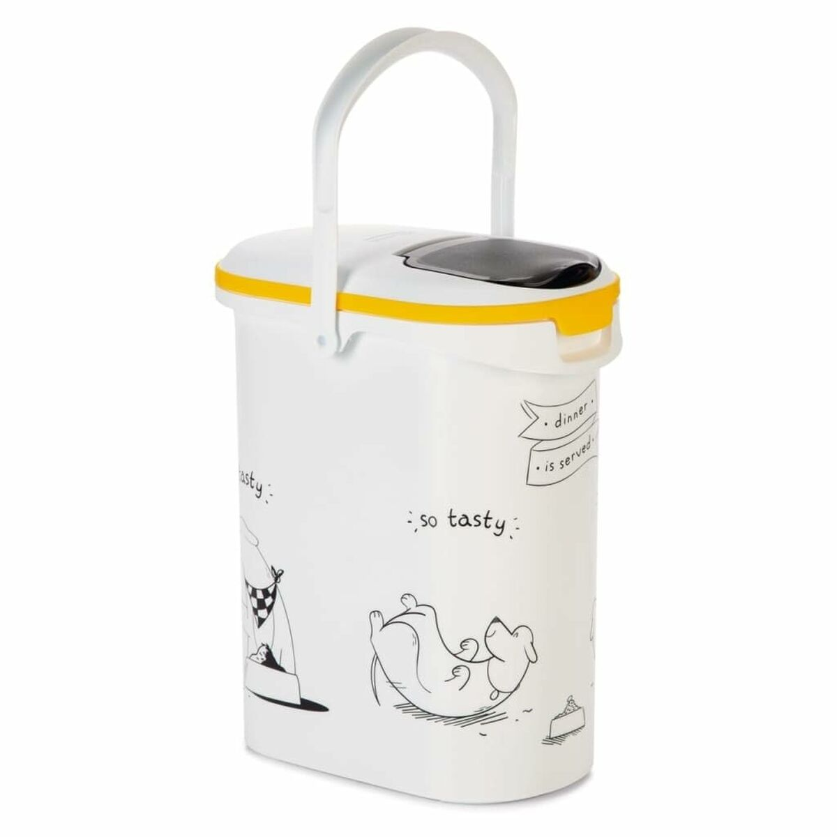Un contenitore bianco per cibo per animali domestici con illustrazioni di cani. Ha un accento giallo e un manico.