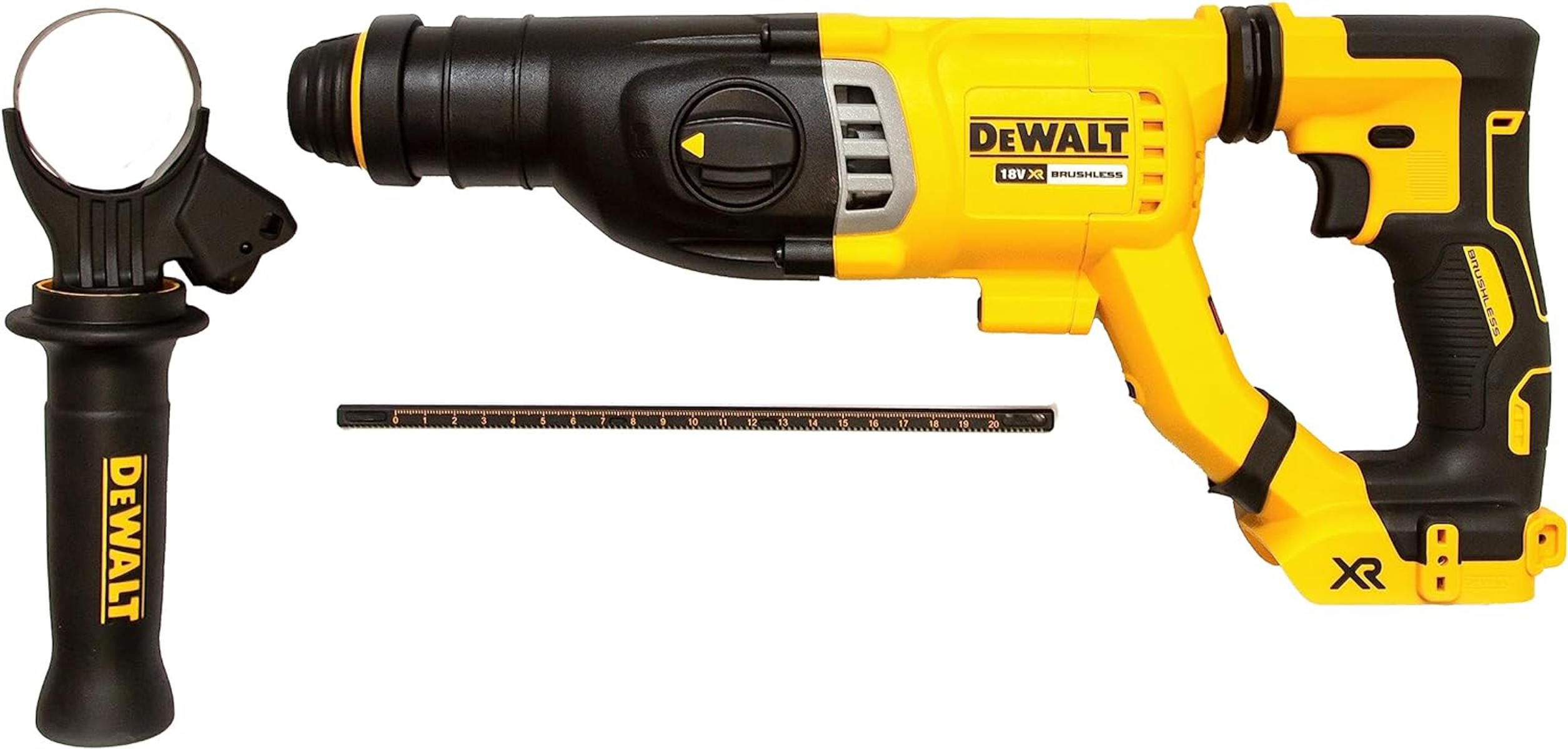 Żółto-czarna wiertarka udarowa DeWalt z akcesoriami na białym tle.