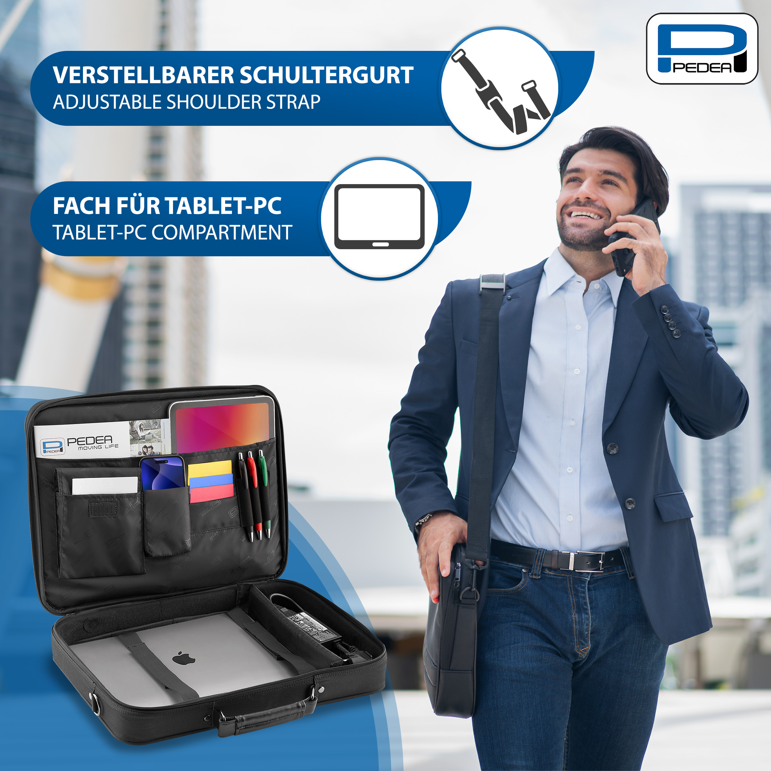 Mann mit Tasche, telefoniert vor einem Stadtgebäude.