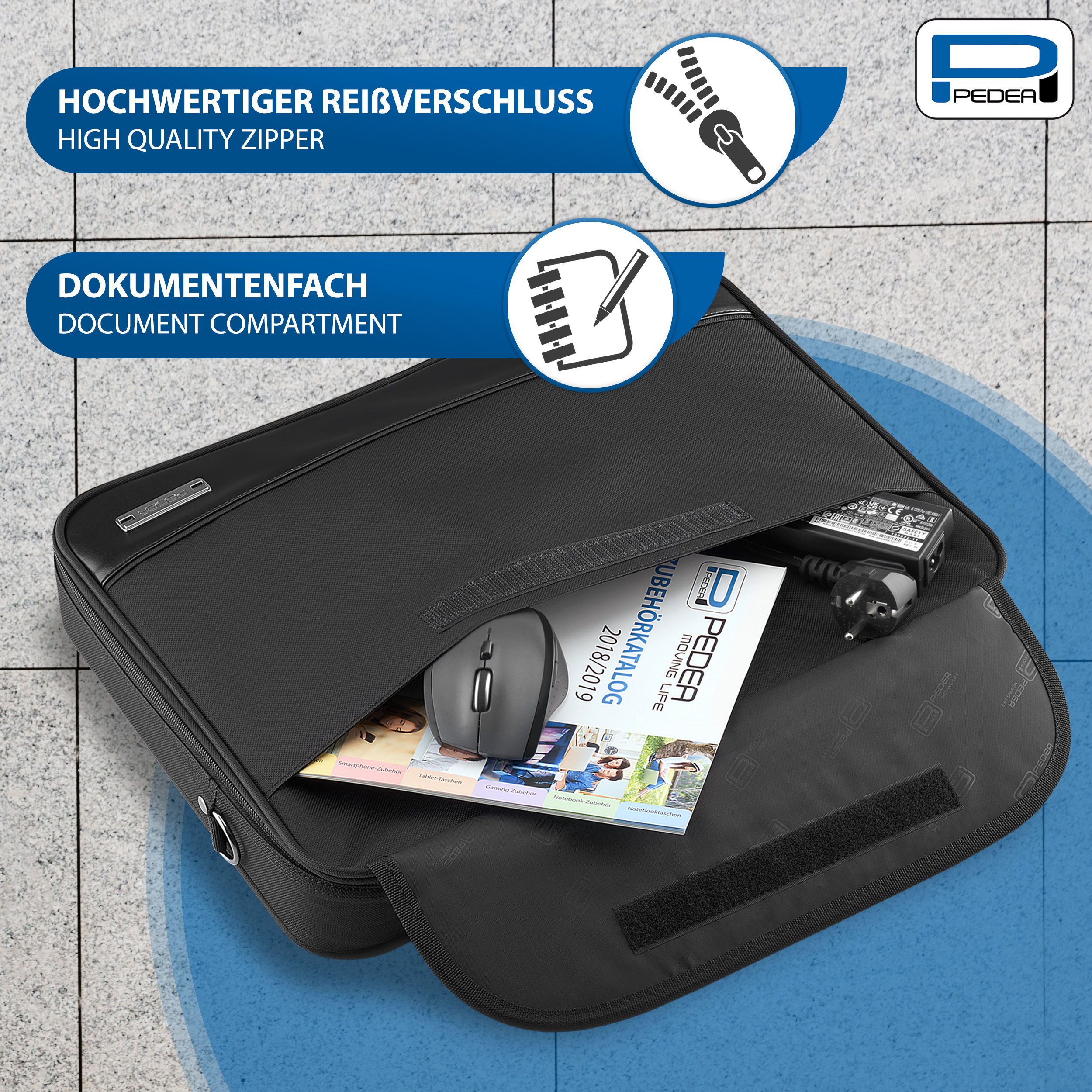 Schwarze Aktentasche offen, zeigt Dokumente, Maus und Ladegerät. Text: Hochwertiger Reißverschluss, Dokumentenfach.