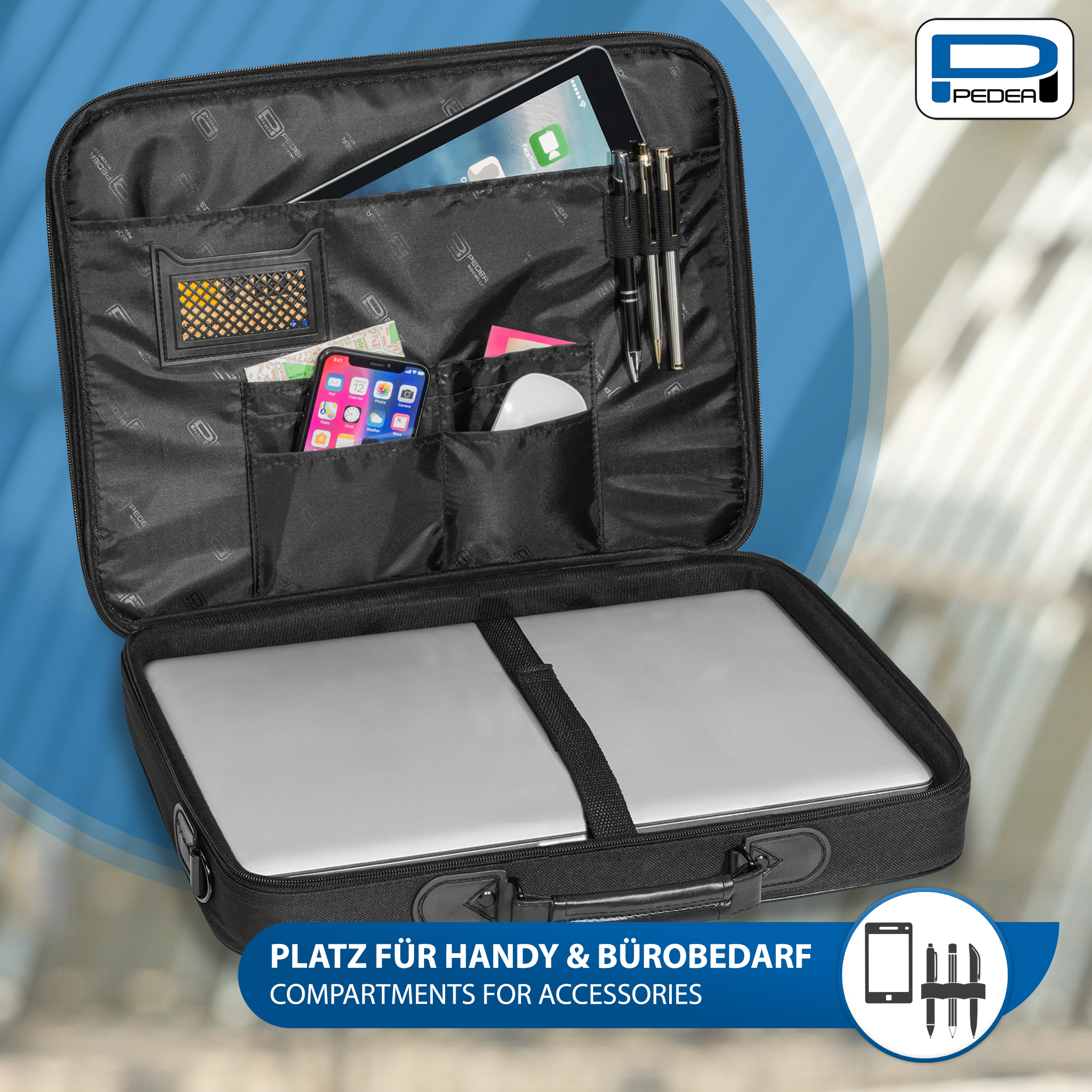 Valigetta nera aperta, contenente un laptop, un tablet e accessori.