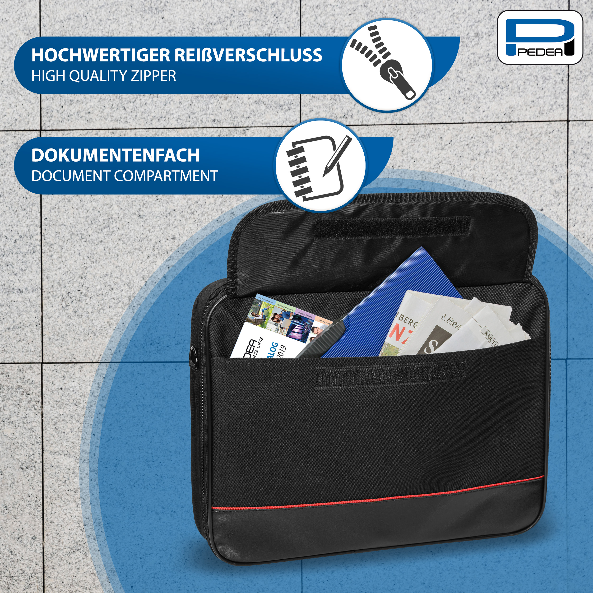 Schwarze Laptoptasche mit rotem Rand, geöffnet, um ein Dokumentenfach und ein Etikett mit hochwertigem Reißverschluss zu zeigen.