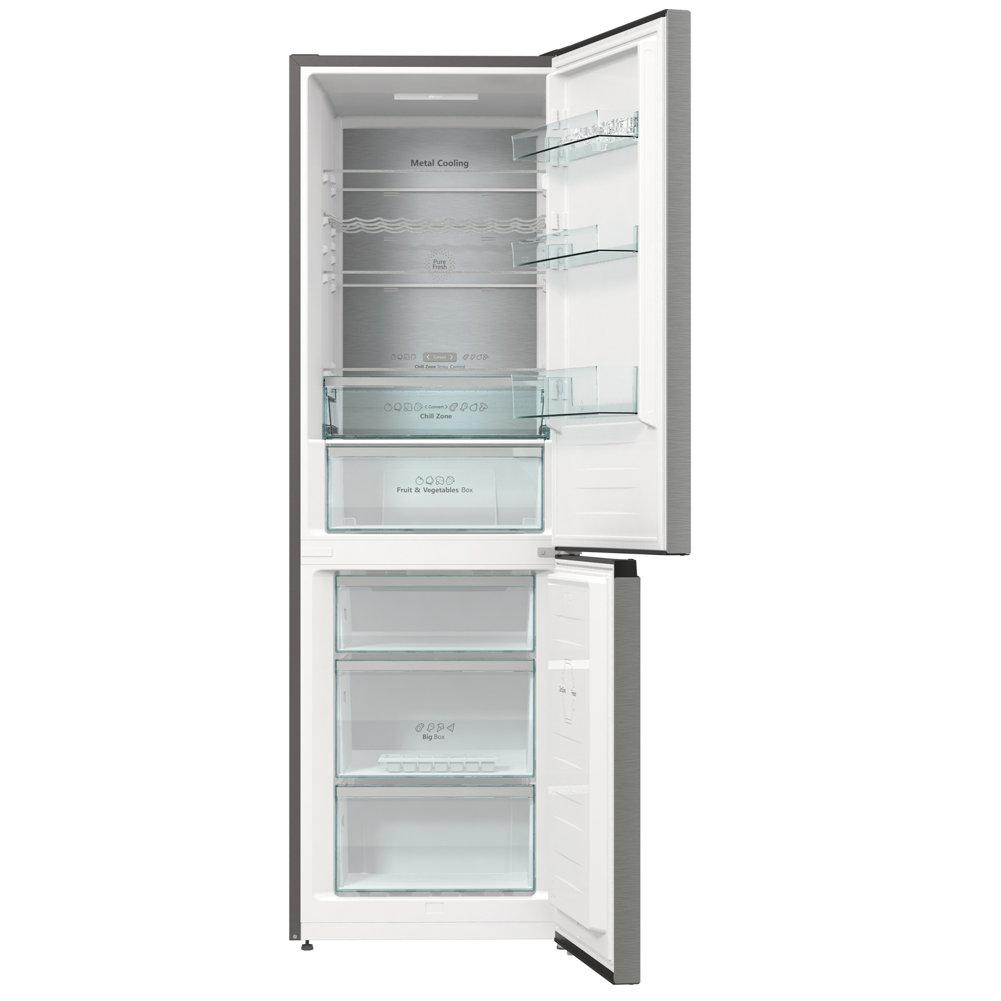Kühlschrank mit offener Tür, zeigt Innenraum mit Regalen und Schubladen.