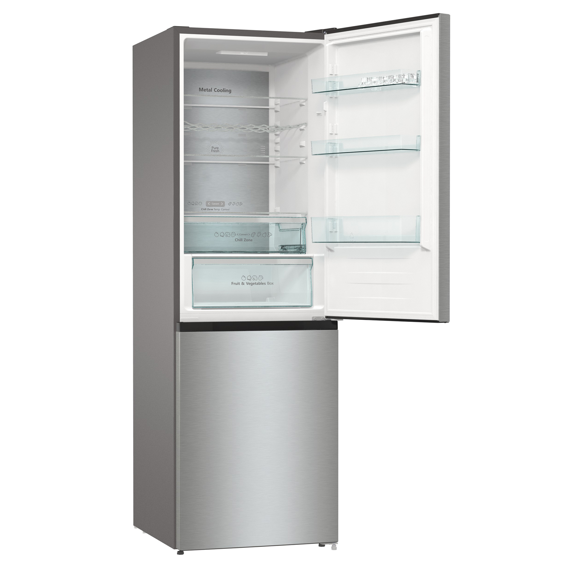 Silberner Kühlschrank mit geöffneter Tür. Er hat ein Edelstahl-Finish und Regale im Inneren.
