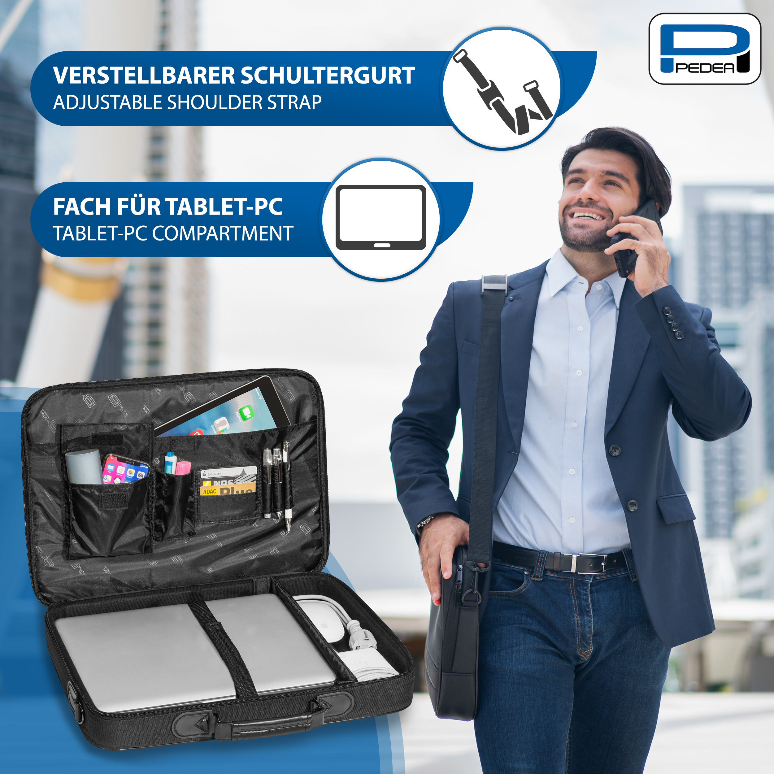 Mann im Anzug mit Tasche. Tasche offen, zeigt Tablet, Laptop und verschiedene Gegenstände.