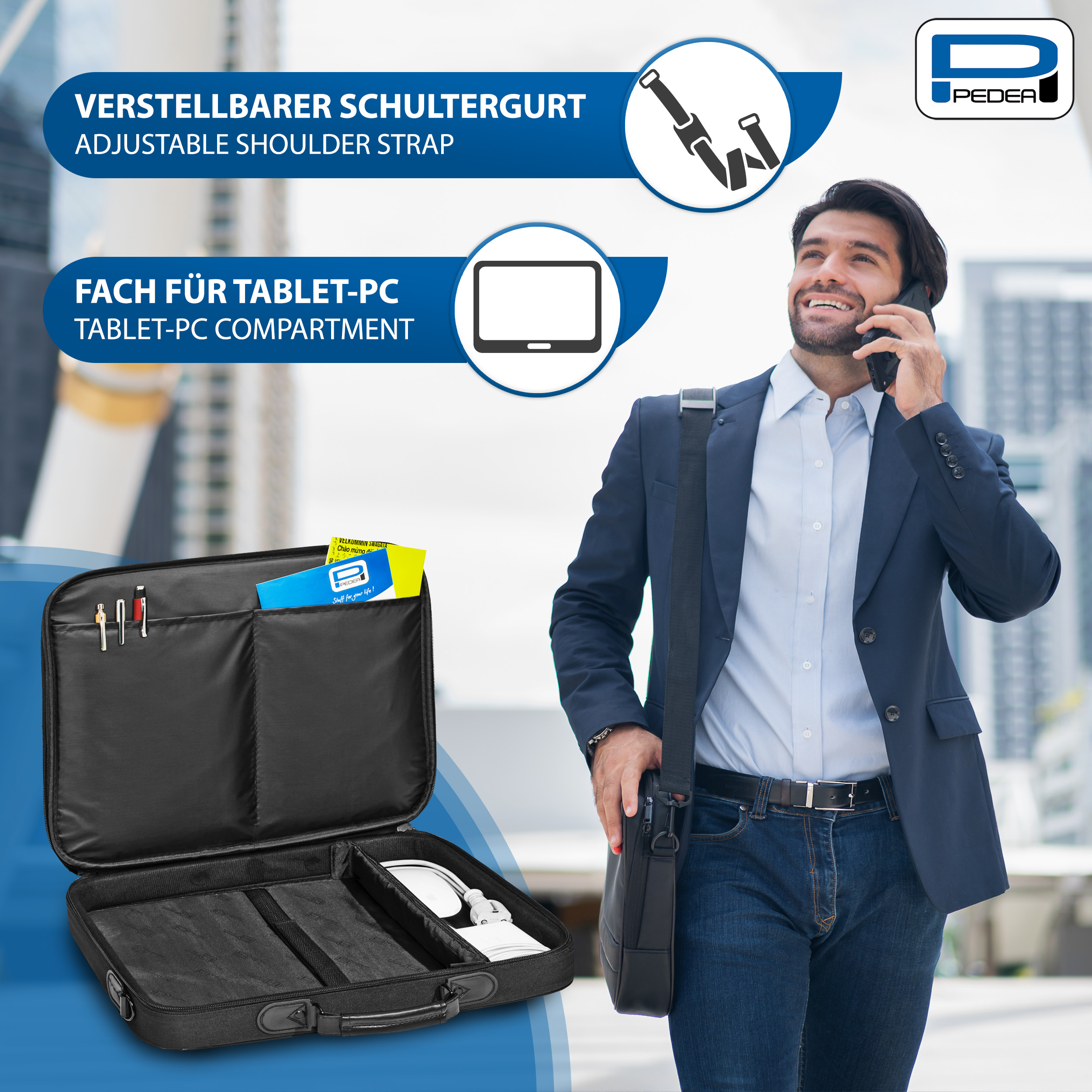Mann mit Tasche und Telefon, Text: 'Verstellbarer Schultergurt', 'Tablet-PC Fach'.