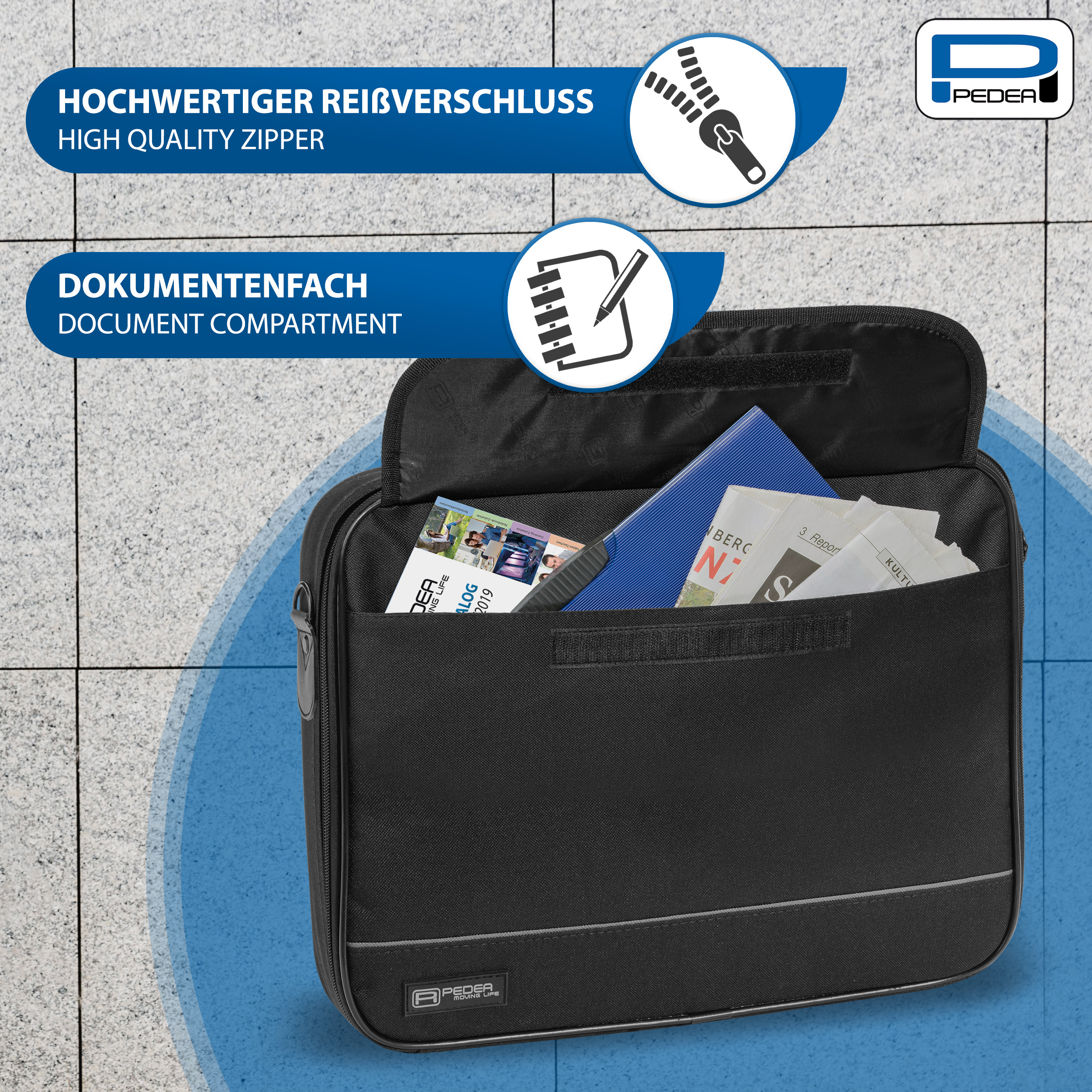 Schwarze Tasche mit hochwertigem Reißverschluss. Zeigt ein Dokumentenfach mit Dokumenten.
