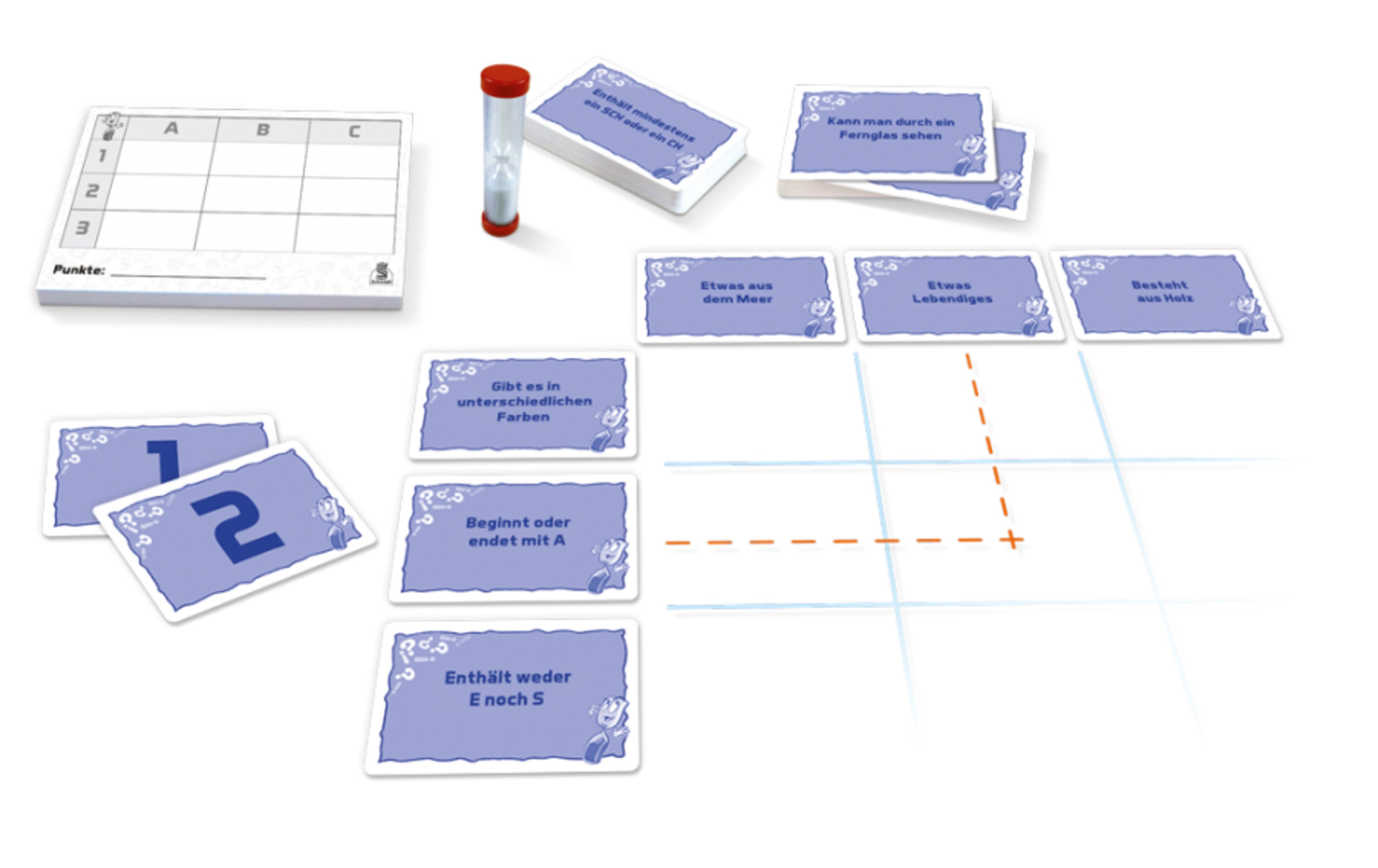 Brettspiel-Komponenten: Karten, Timer, Punktezettel und Karten mit Hinweisen. Draufsicht.