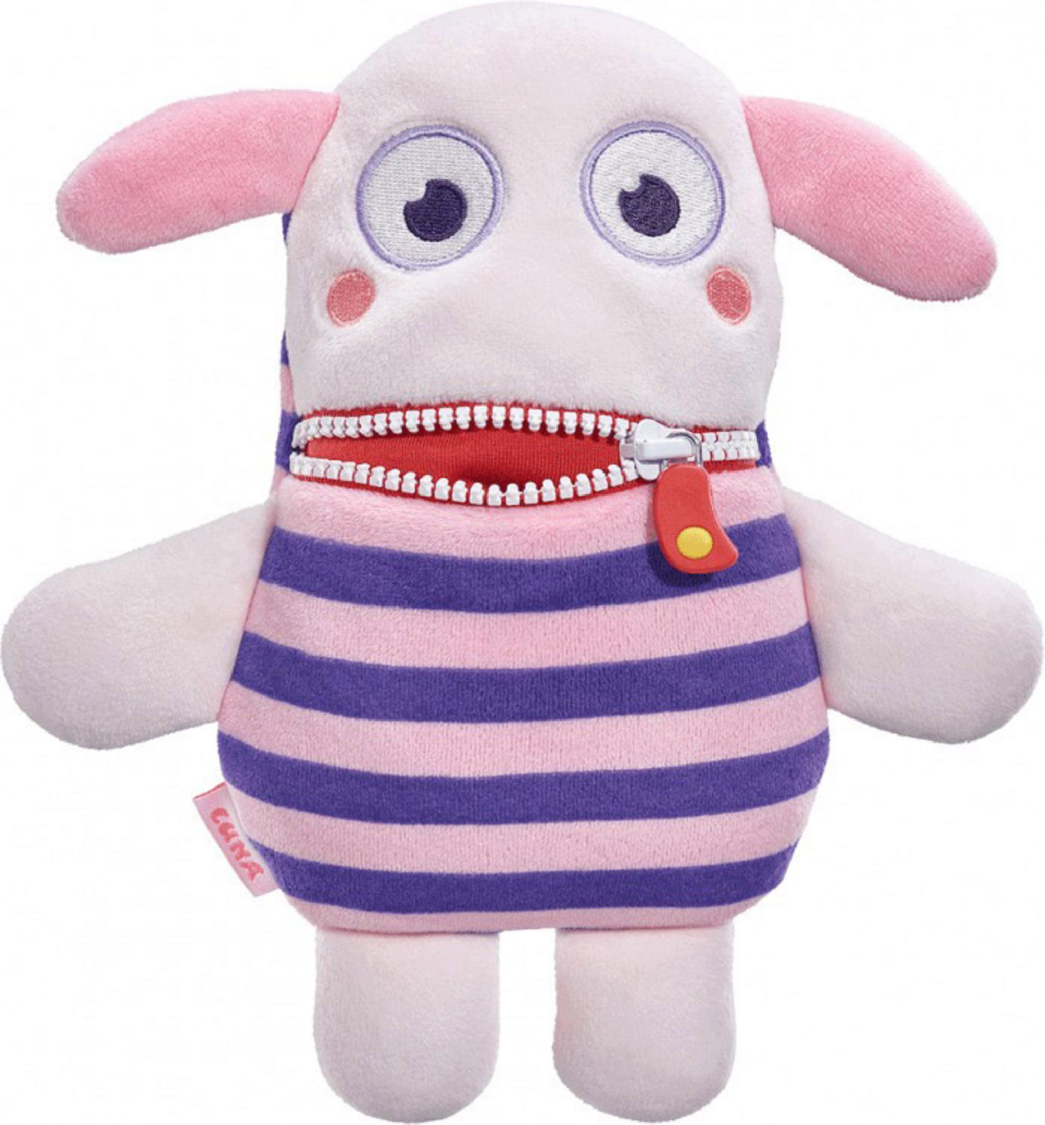 Pluszowa owca z zamkiem błyskawicznym w ustach, różowymi i fioletowymi paskami i różowymi uszami.