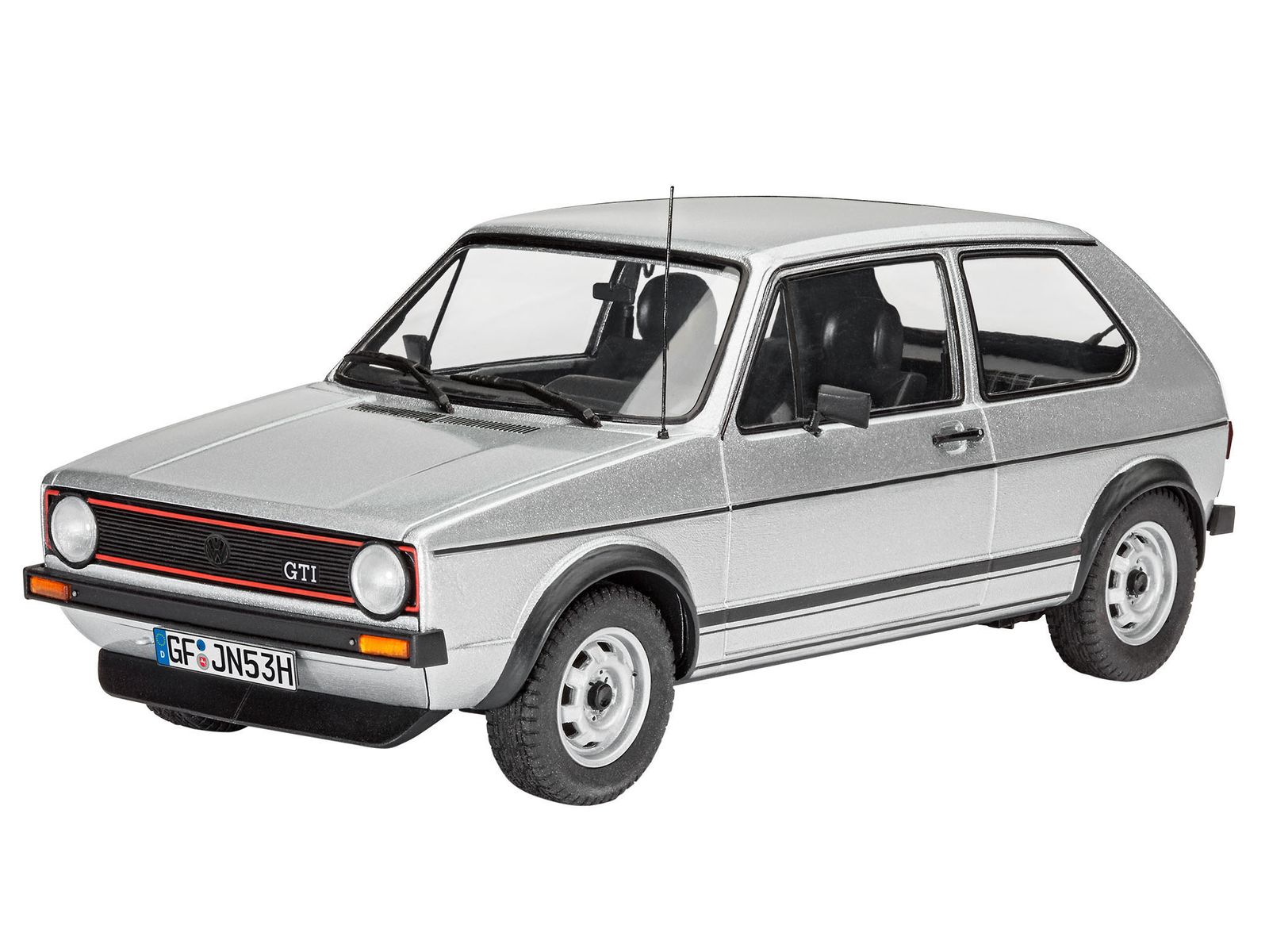 Srebrny model samochodu VW Golf GTI, odizolowany na białym tle.