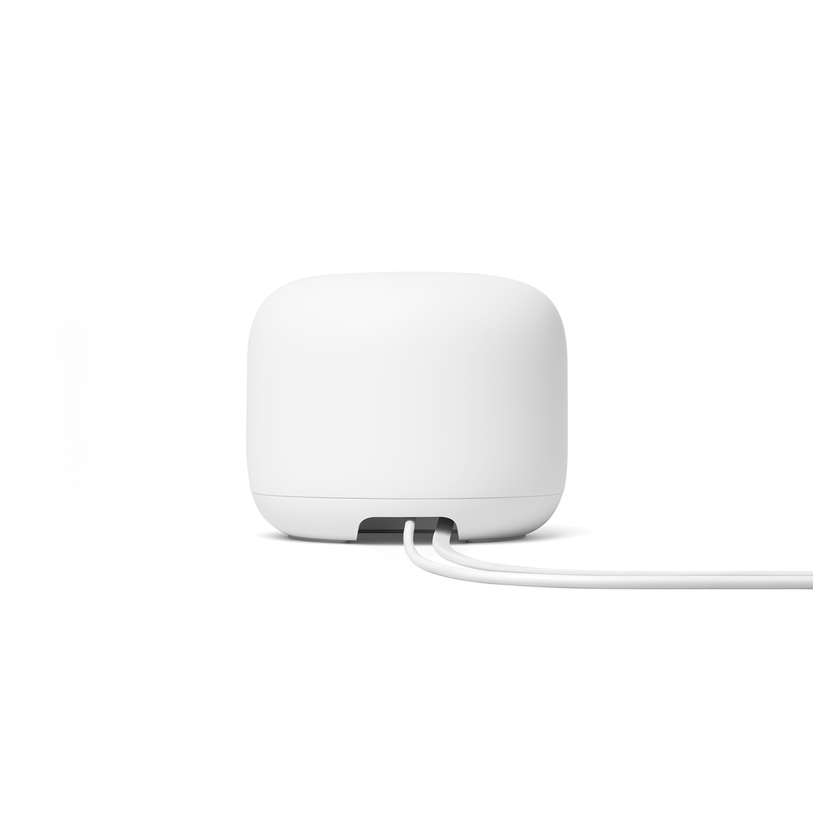 Un dispositivo blanco en forma de cuadrado con dos cables blancos que salen de una ranura trasera.