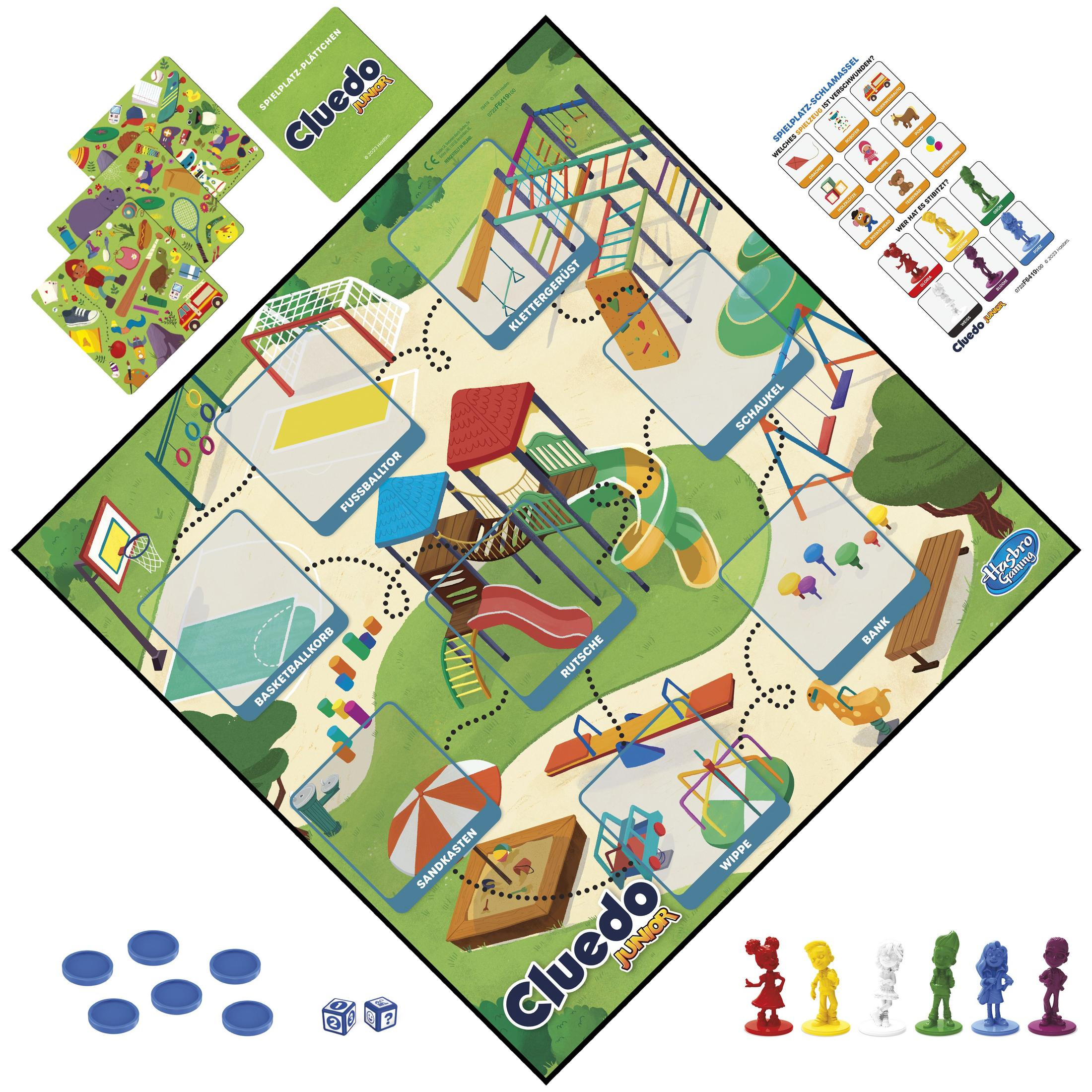 Cluedo Junior Brettspiel mit Spielsteinen, Karten und einem Würfel, das eine Spielplatzszene zeigt.
