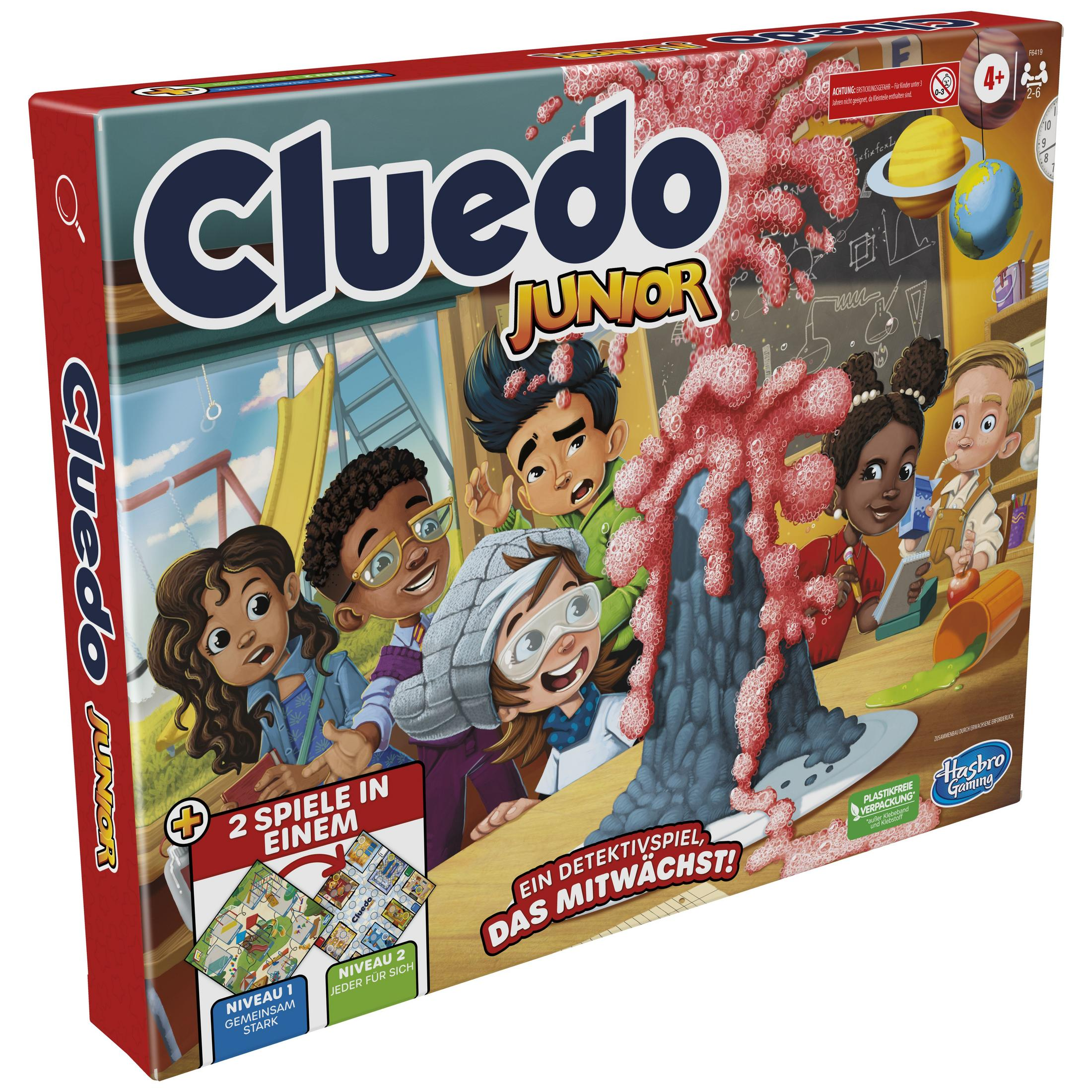 Cluedo Junior Brettspielbox. Kinder stehen um einen Vulkan. Rosa Substanz bricht aus.