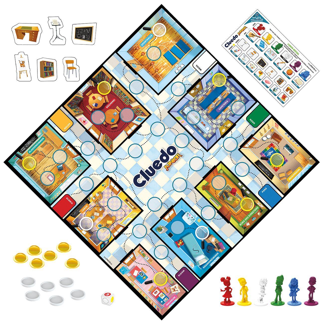 Cluedo Junior Brettspiel mit Spielsteinen und Karten auf dem Spielbrett.