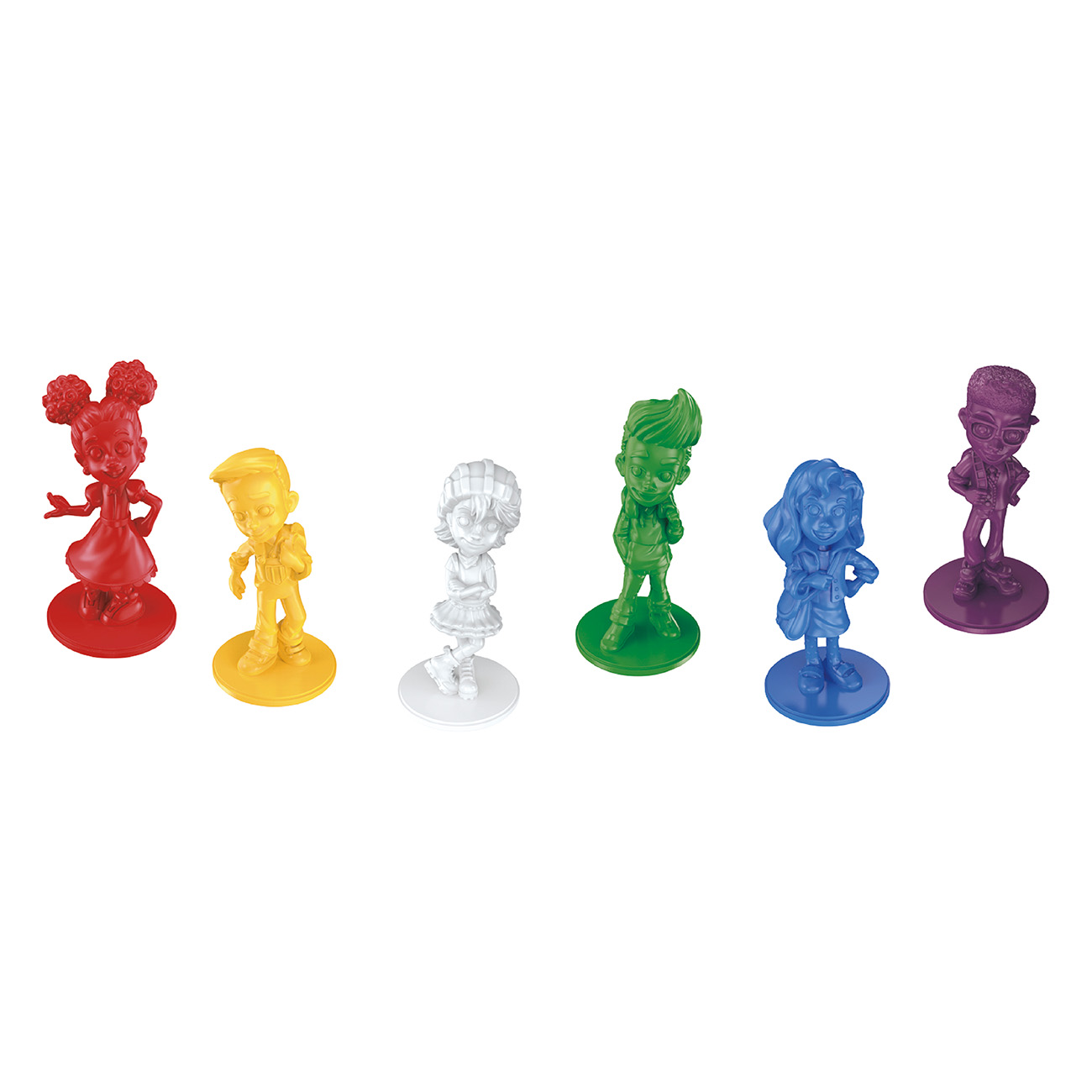 Bunte Figuren von Menschen, die auf kreisförmigen Sockeln stehen.