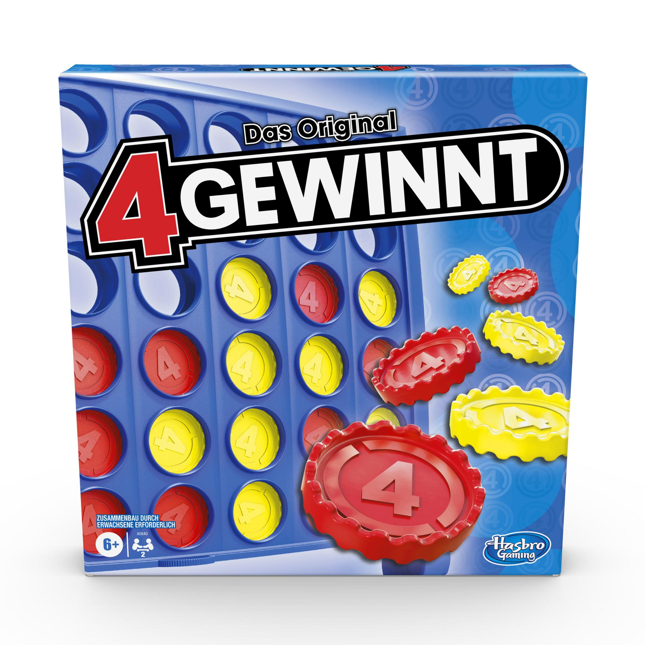 Nahaufnahme des Brettspiels '4 Gewinnt'. Rote und gelbe Spielsteine. Blaues Brett. Box im Hintergrund.