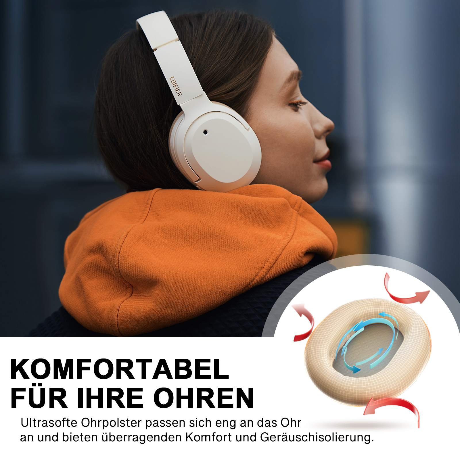 Kobieta w białych słuchawkach, pomarańczowa bluza z kapturem. Tekst: wygodne dla Twoich uszu.