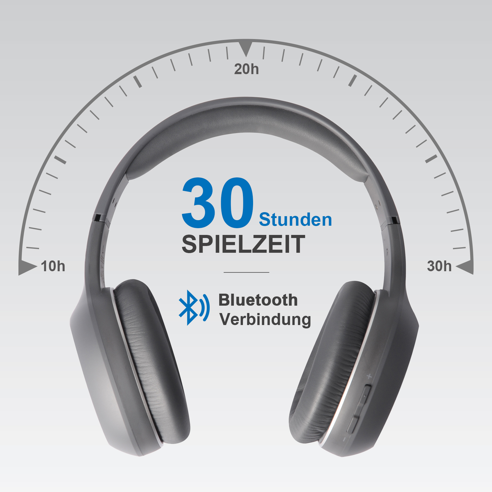 Szare słuchawki bezprzewodowe z 30-godzinnym odtwarzaniem i połączeniem Bluetooth, na jasnoszarym tle.