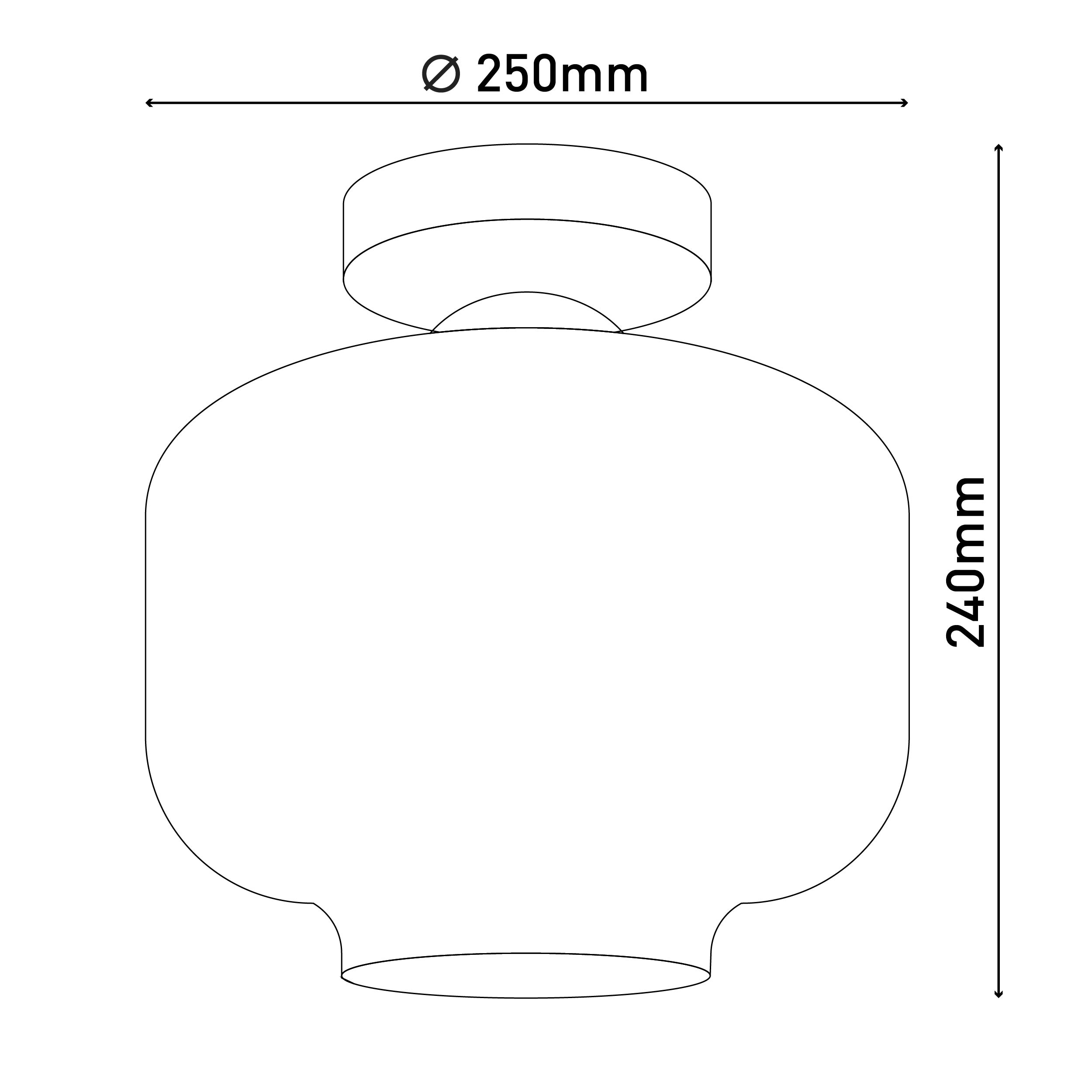 Strichzeichnung einer Lampe mit Abmessungen: 250 mm Durchmesser, 240 mm Höhe. Weißer Hintergrund.
