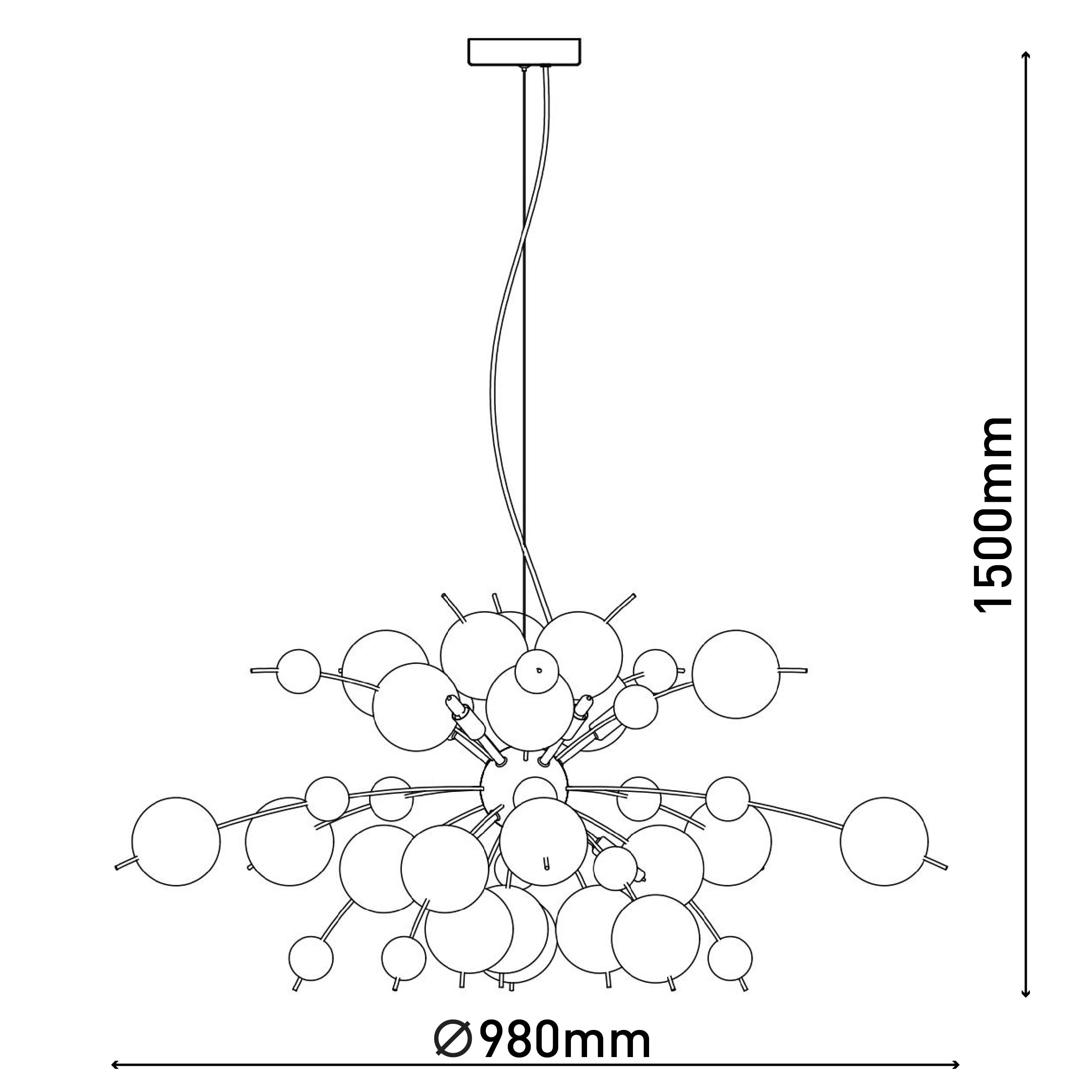 Strichzeichnung eines Kronleuchters mit vielen kreisförmigen Elementen, mit Abmessungen von 1500 mm und 980 mm.