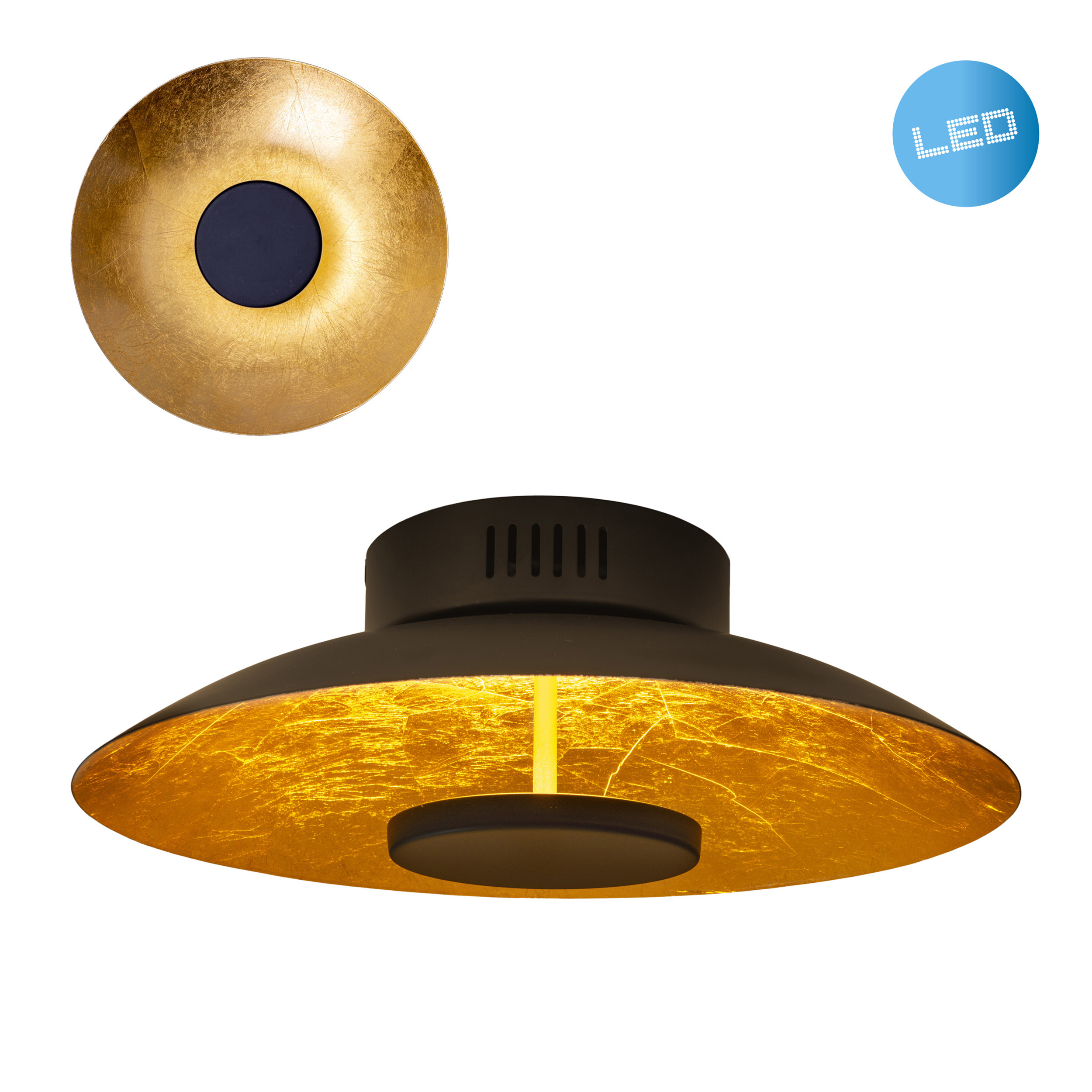 Eine goldene und schwarze Lampe mit einem LED-Label. Das Gold befindet sich auf der Innenseite des Lampenschirms.