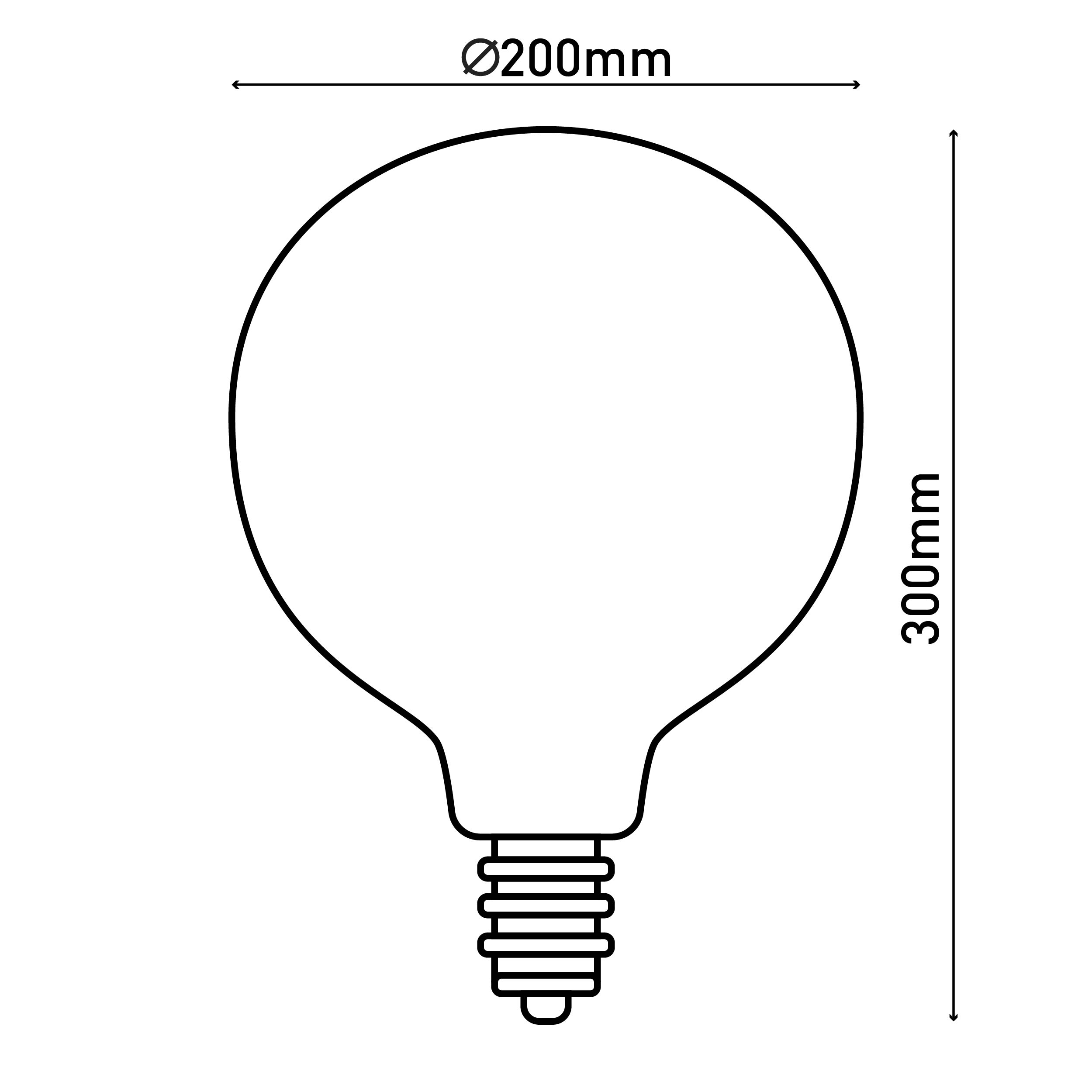 Eine Glühbirnenkontur mit Abmessungen. Der Durchmesser beträgt 200 mm und die Höhe 300 mm.