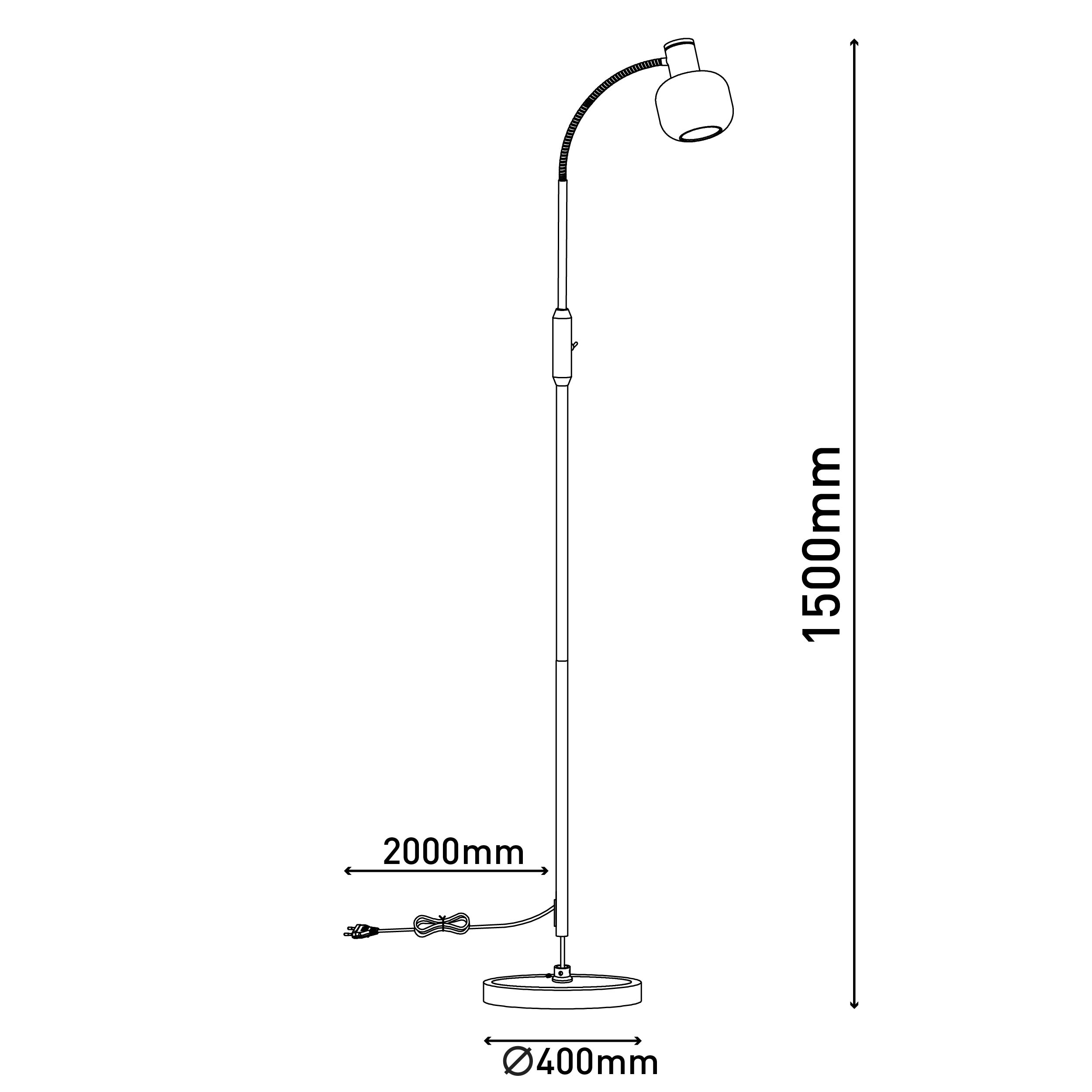 Strichzeichnung einer Stehlampe mit den Maßen: 1500 mm hoch, 2000 mm Kabel, 400 mm Sockel.